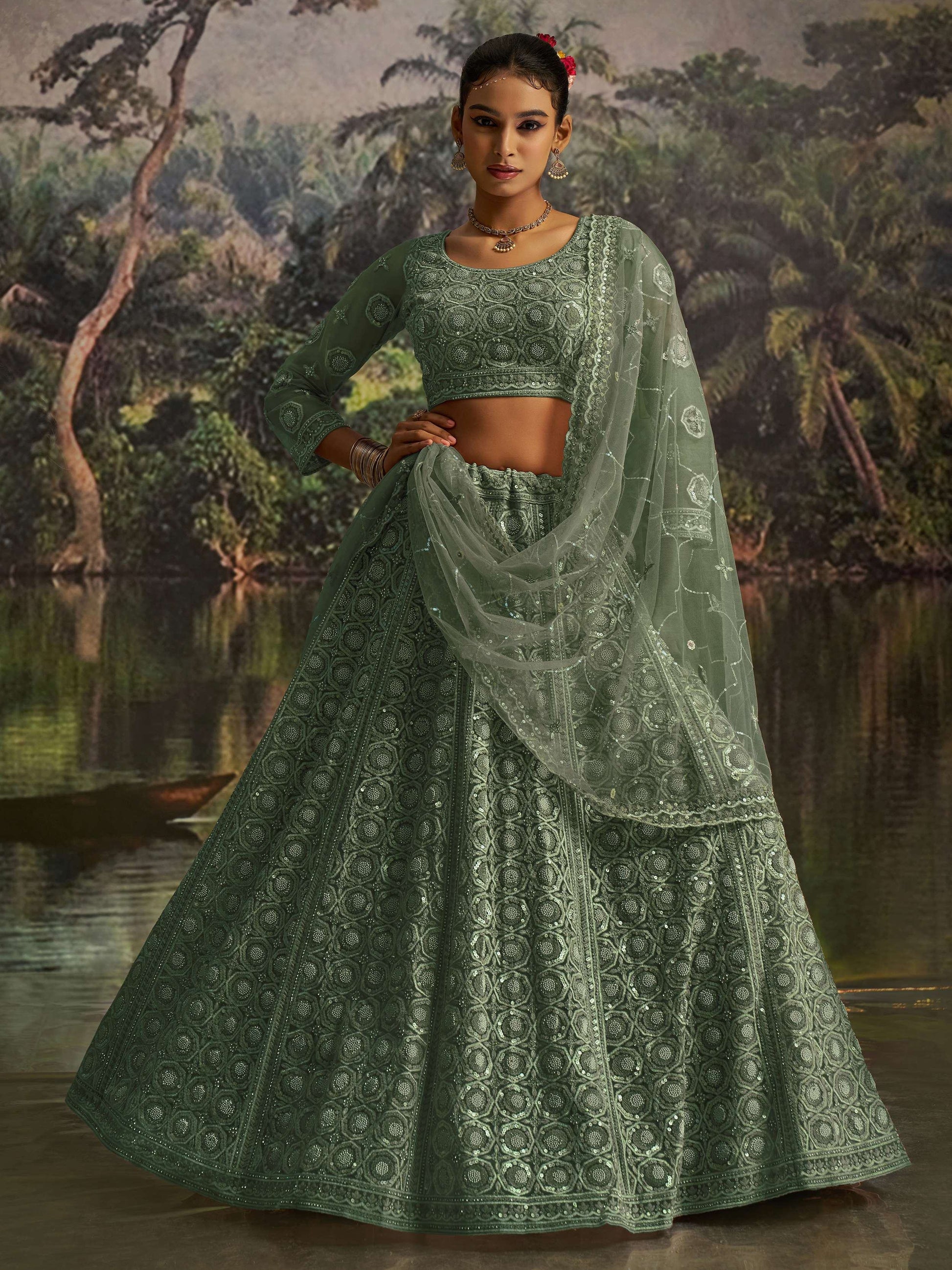 Outstanding Green Thread Work Net Reception Wear Lehenga Choli With Dupatta