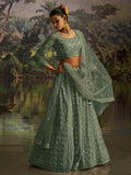 Outstanding Green Thread Work Net Reception Wear Lehenga Choli With Dupatta