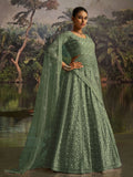 Outstanding Green Thread Work Net Reception Wear Lehenga Choli With Dupatta