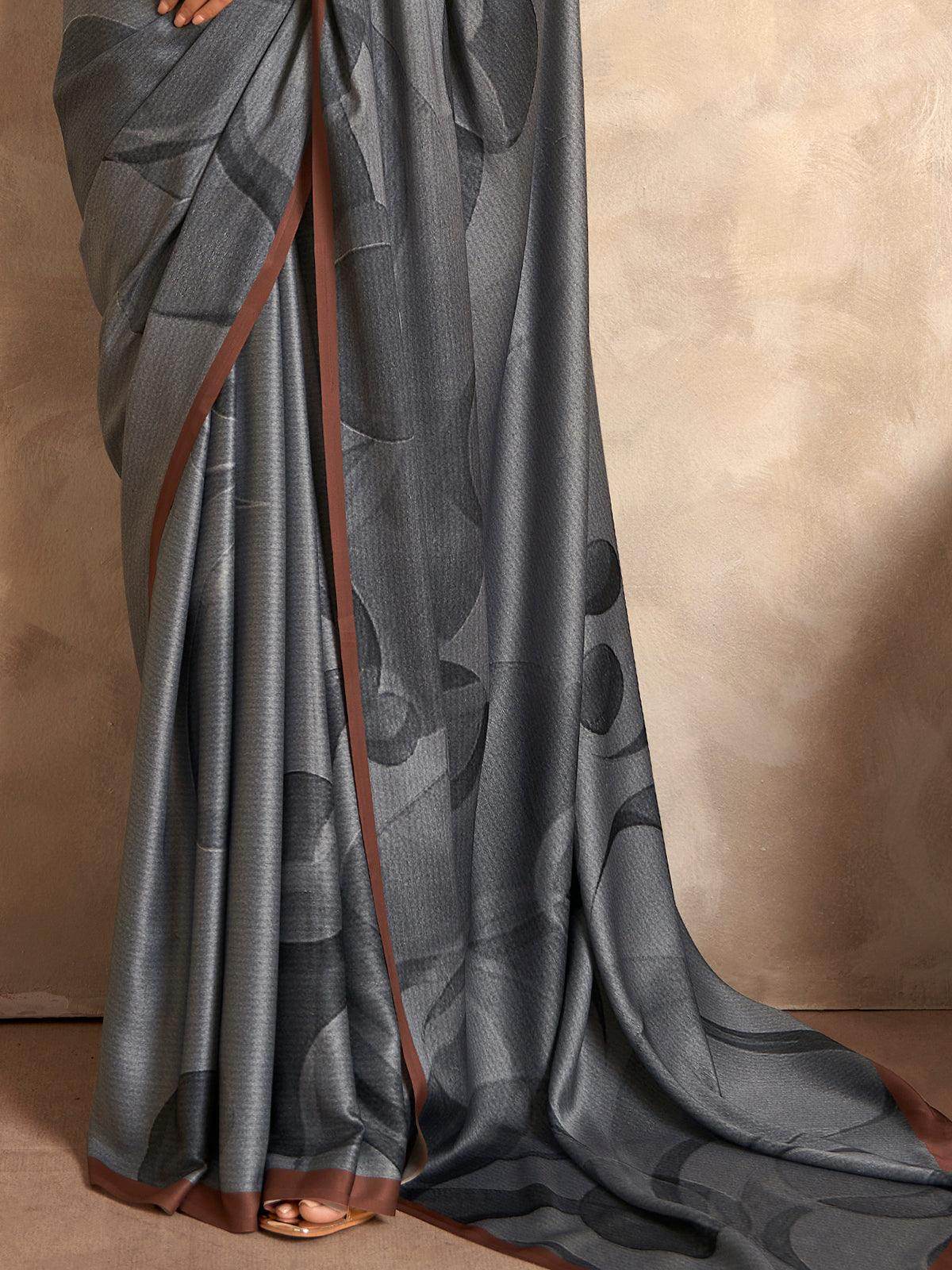 Outstanding Grey Digital Printed Satin Party Wear Saree With Blouse - Zeel Clothing