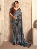 Outstanding Grey Digital Printed Satin Party Wear Saree With Blouse - Zeel Clothing