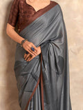 Outstanding Grey Digital Printed Satin Party Wear Saree With Blouse - Zeel Clothing