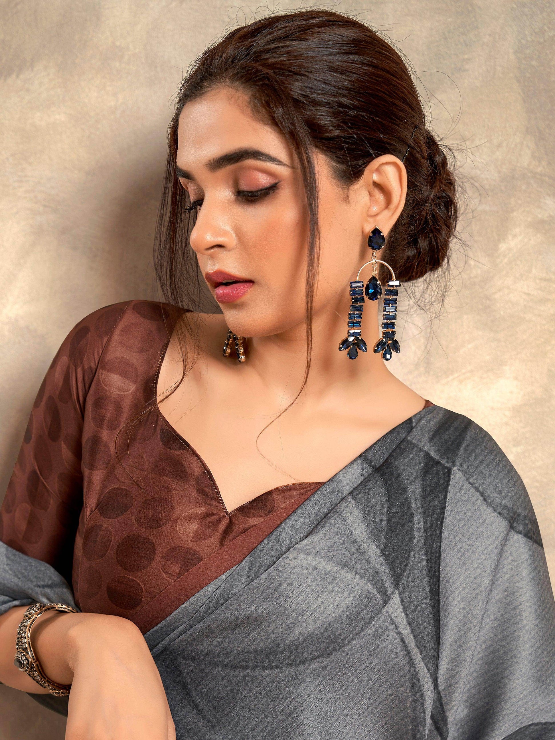 Outstanding Grey Digital Printed Satin Party Wear Saree With Blouse - Zeel Clothing