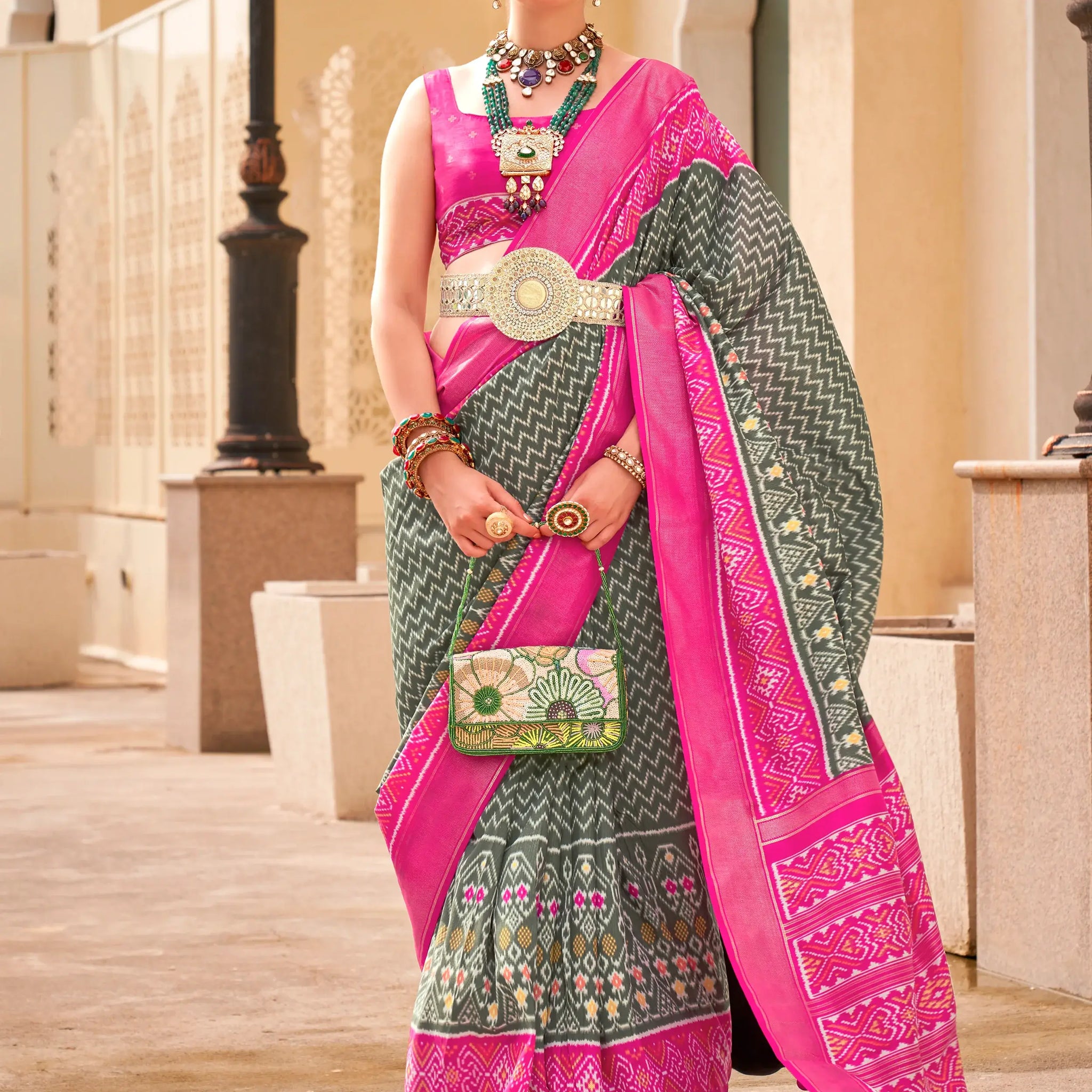 Outstanding Grey Digital Printed Silk Party Wear Saree With Blouse - Zeel Clothing