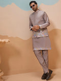 Outstanding Grey Floral Embroidery Viscose Silk Wedding Wear Men Kurta Set With Jacket