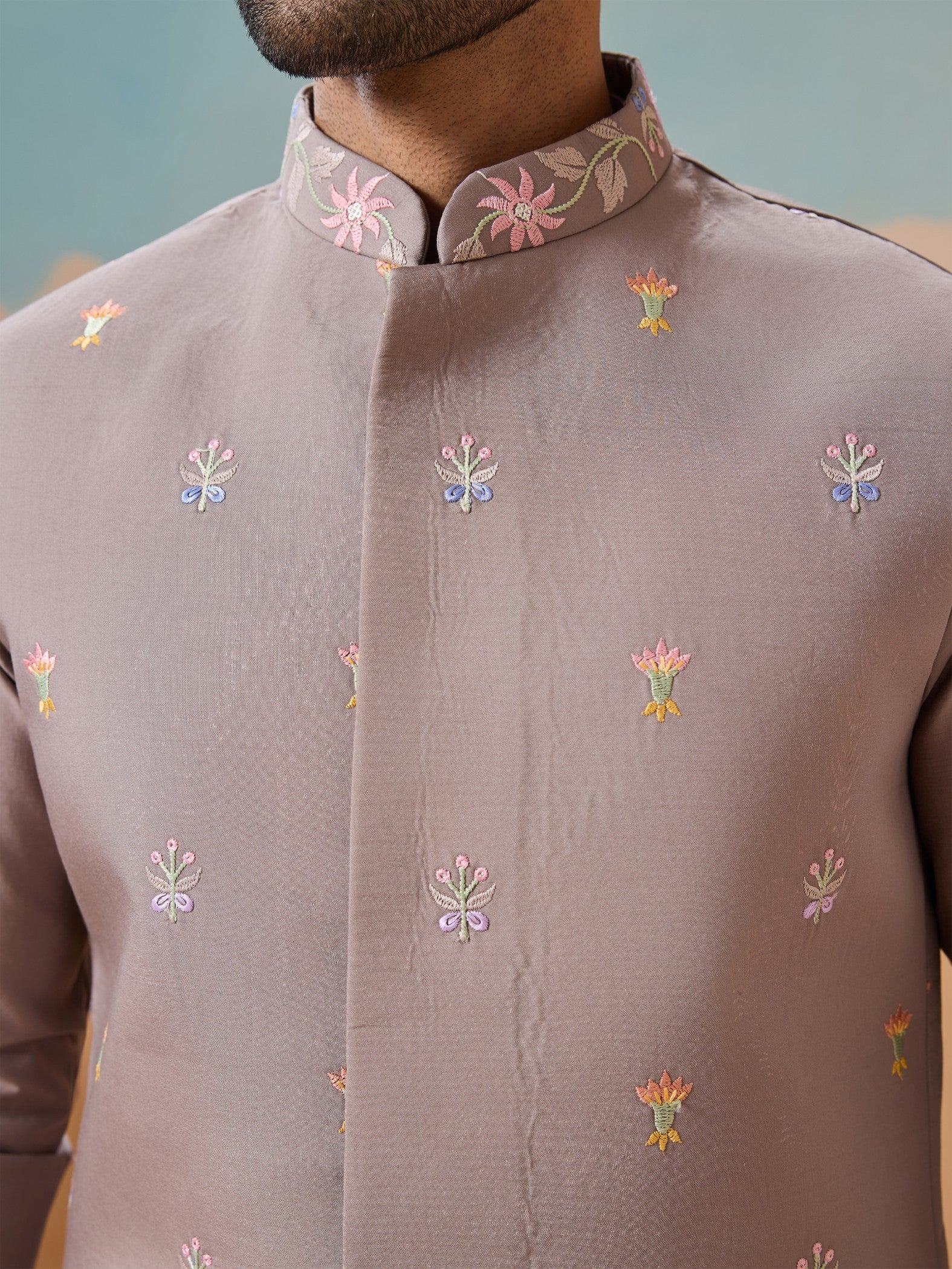 Outstanding Grey Floral Embroidery Viscose Silk Wedding Wear Men Kurta Set With Jacket