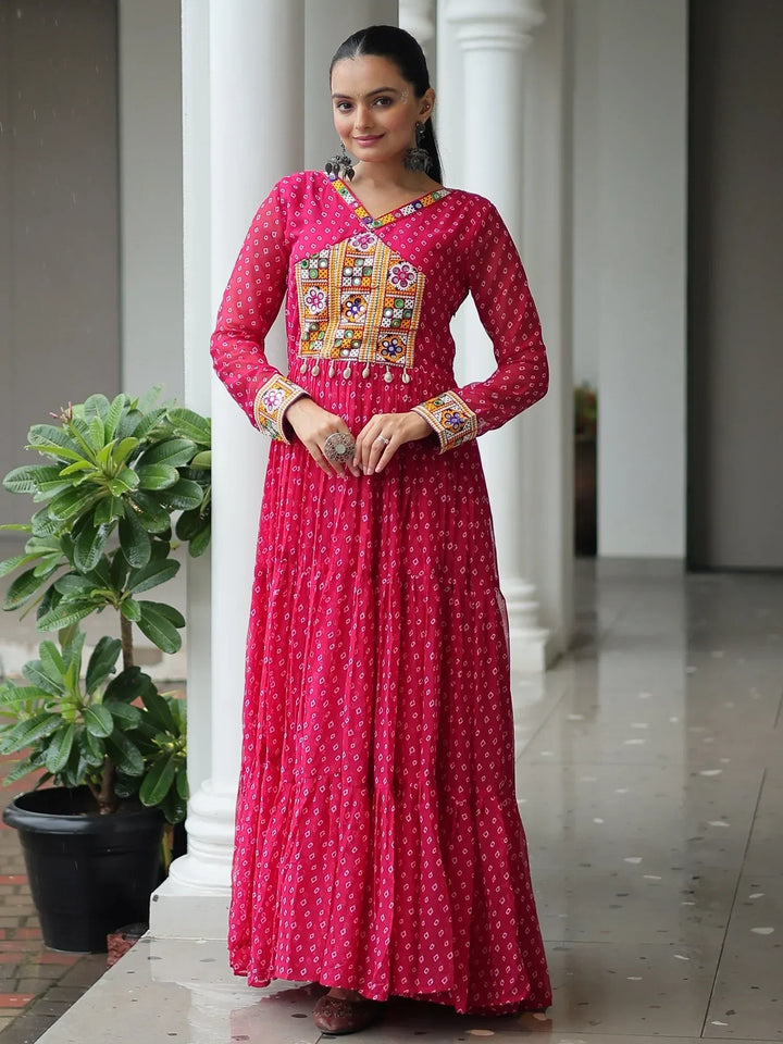 Outstanding Hot Pink Bandhani Print Georgette Navratri Wear Gown - Zeel Clothing
