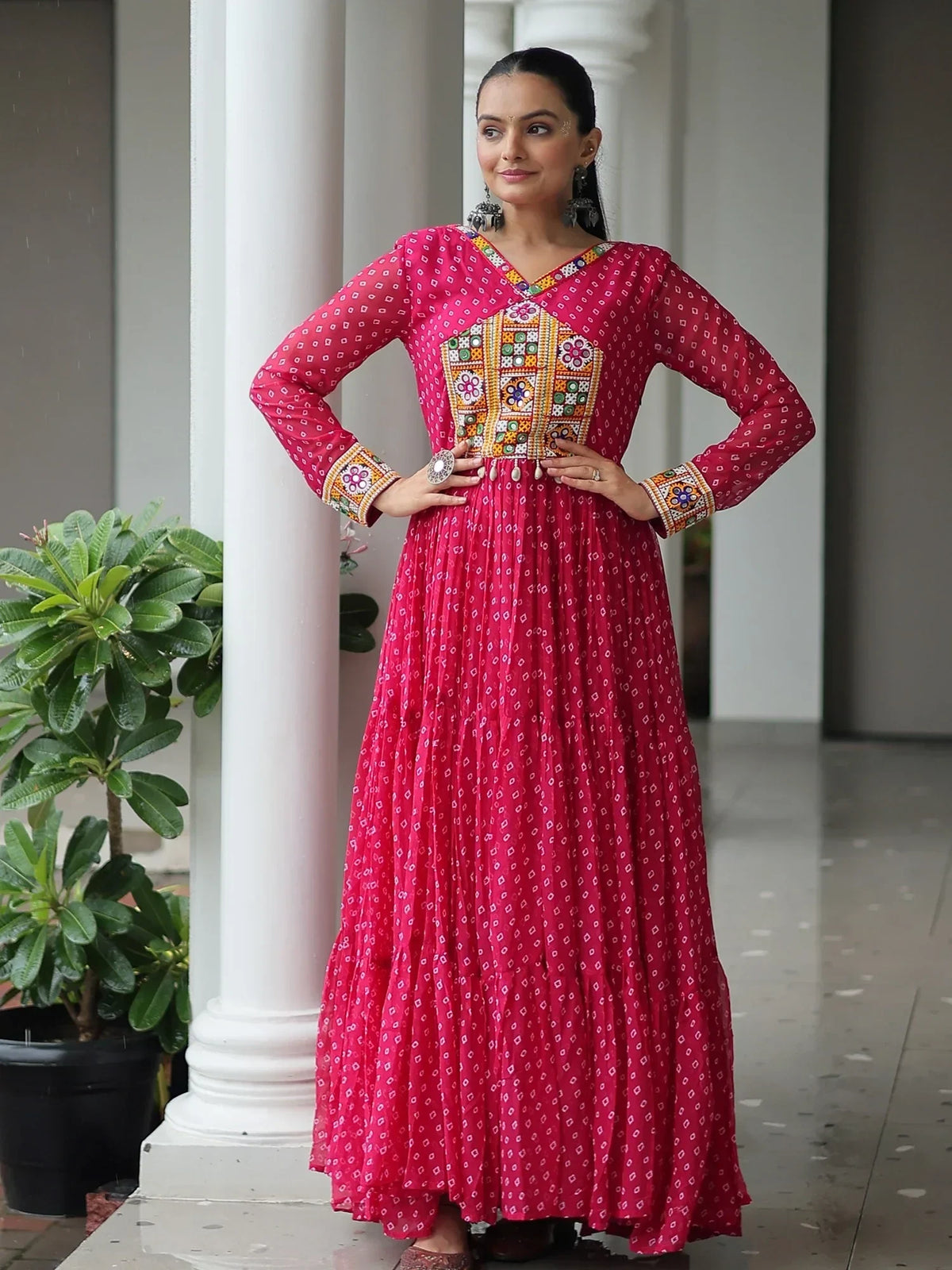 Outstanding Hot Pink Bandhani Print Georgette Navratri Wear Gown - Zeel Clothing