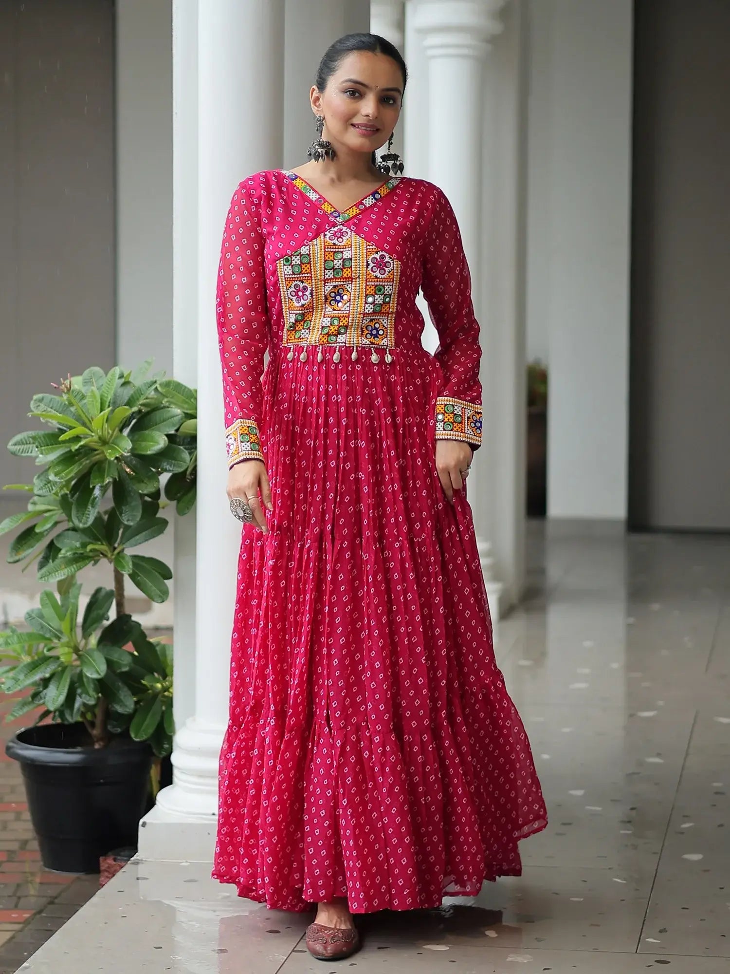 Outstanding Hot Pink Bandhani Print Georgette Navratri Wear Gown - Zeel Clothing