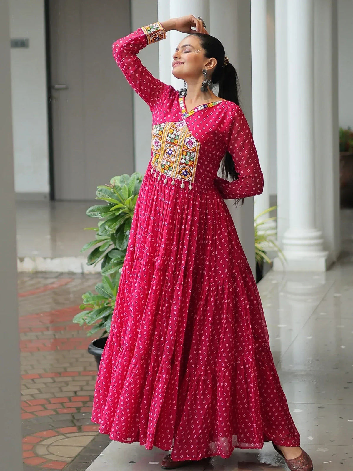 Outstanding Hot Pink Bandhani Print Georgette Navratri Wear Gown - Zeel Clothing