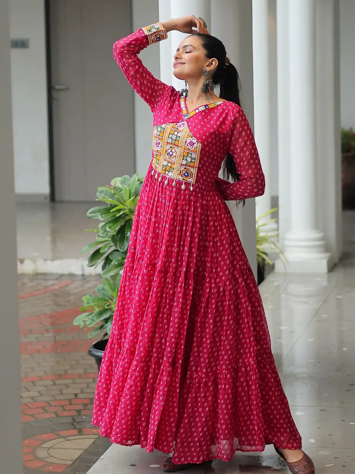 Outstanding Hot Pink Bandhani Print Georgette Navratri Wear Gown - Zeel Clothing