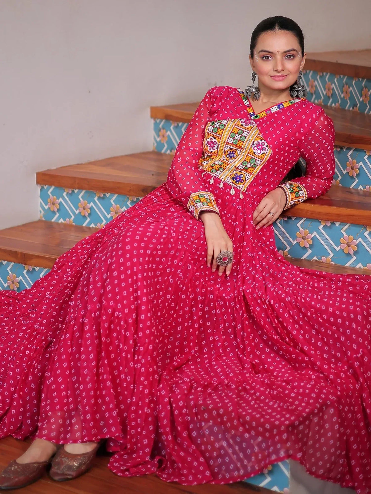 Outstanding Hot Pink Bandhani Print Georgette Navratri Wear Gown - Zeel Clothing