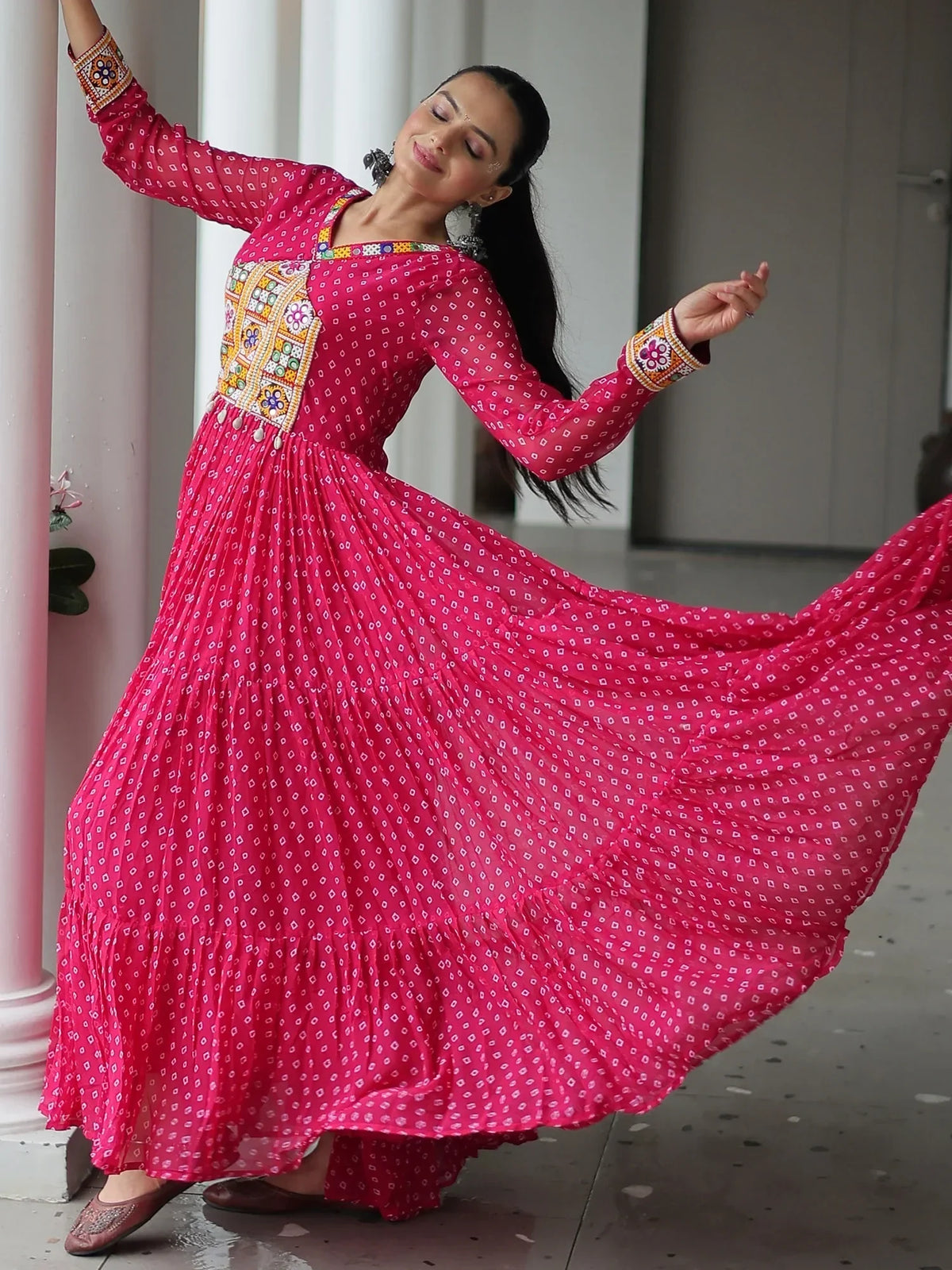 Outstanding Hot Pink Bandhani Print Georgette Navratri Wear Gown - Zeel Clothing