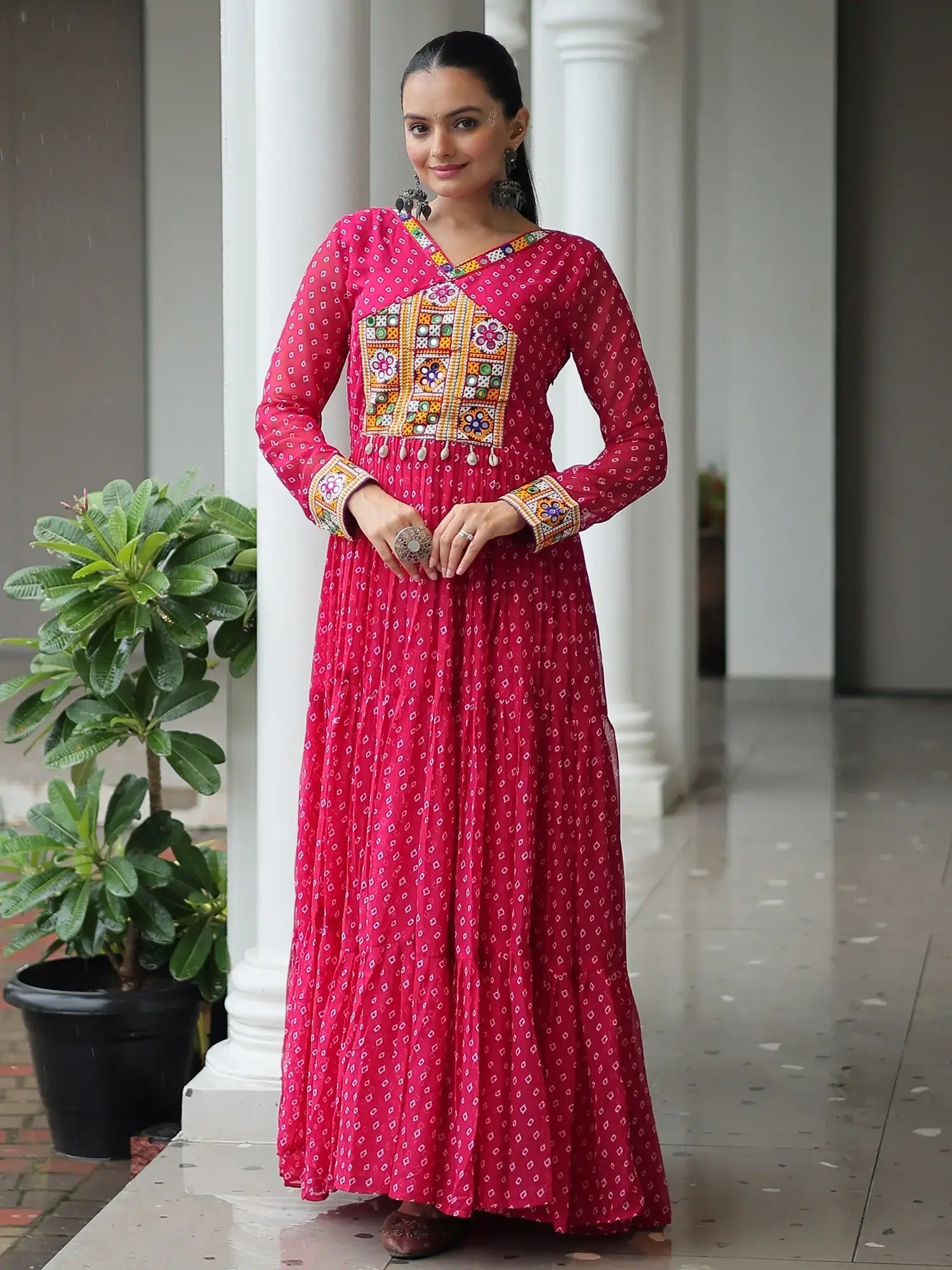 Outstanding Hot Pink Bandhani Print Georgette Navratri Wear Gown - Zeel Clothing