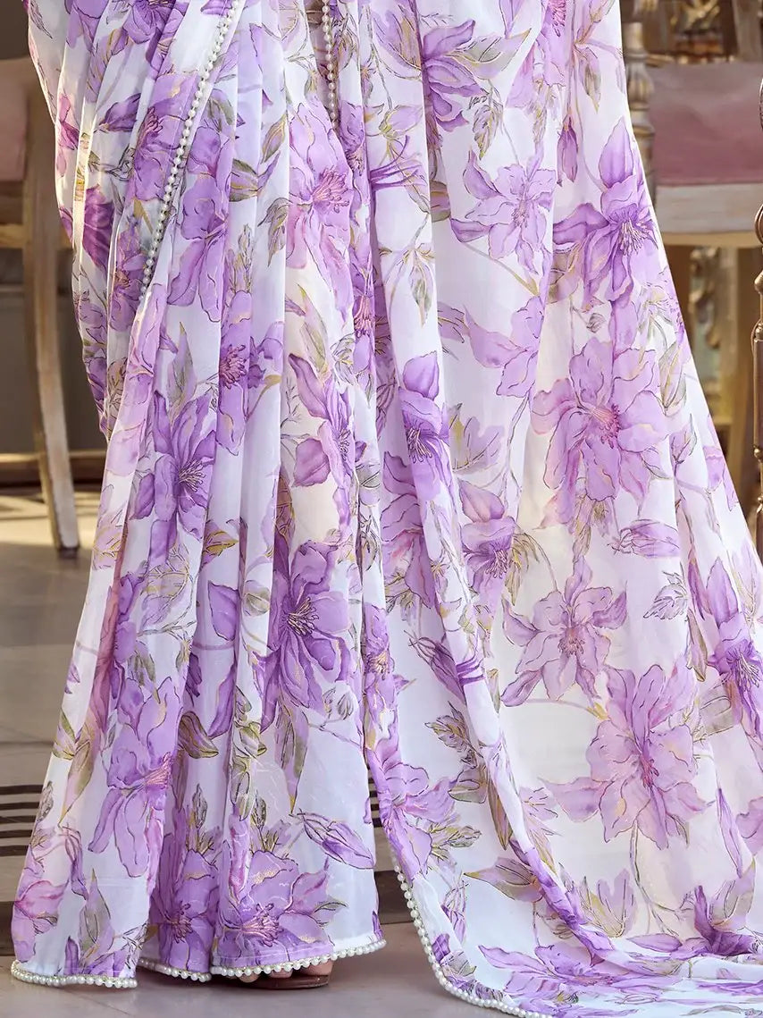 Outstanding Lavender Floral Printed Chiffon Event Wear Saree With Blouse - Zeel Clothing