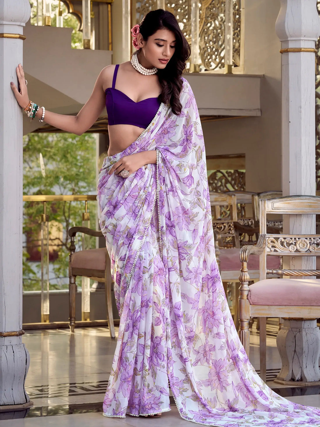 Outstanding Lavender Floral Printed Chiffon Event Wear Saree With Blouse - Zeel Clothing
