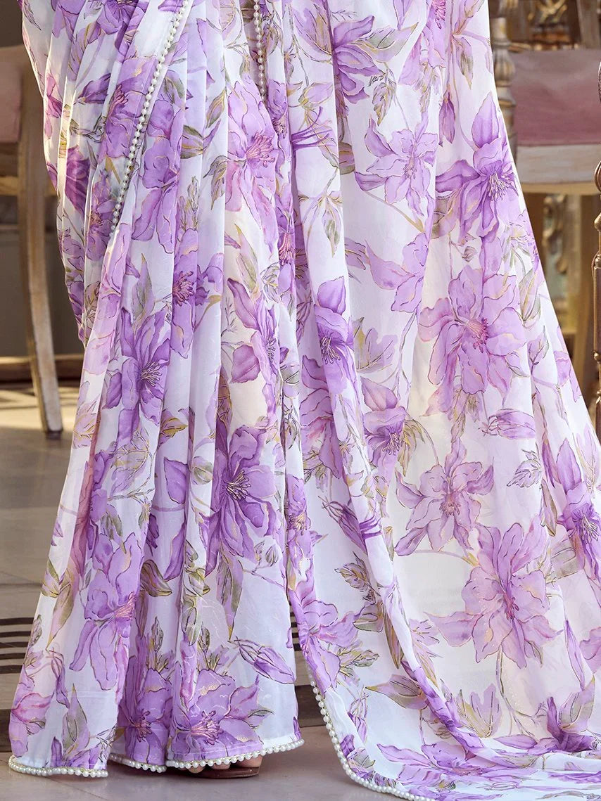 Outstanding Lavender Floral Printed Chiffon Event Wear Saree With Blouse - Zeel Clothing
