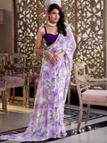 Outstanding Lavender Floral Printed Chiffon Event Wear Saree With Blouse - Zeel Clothing