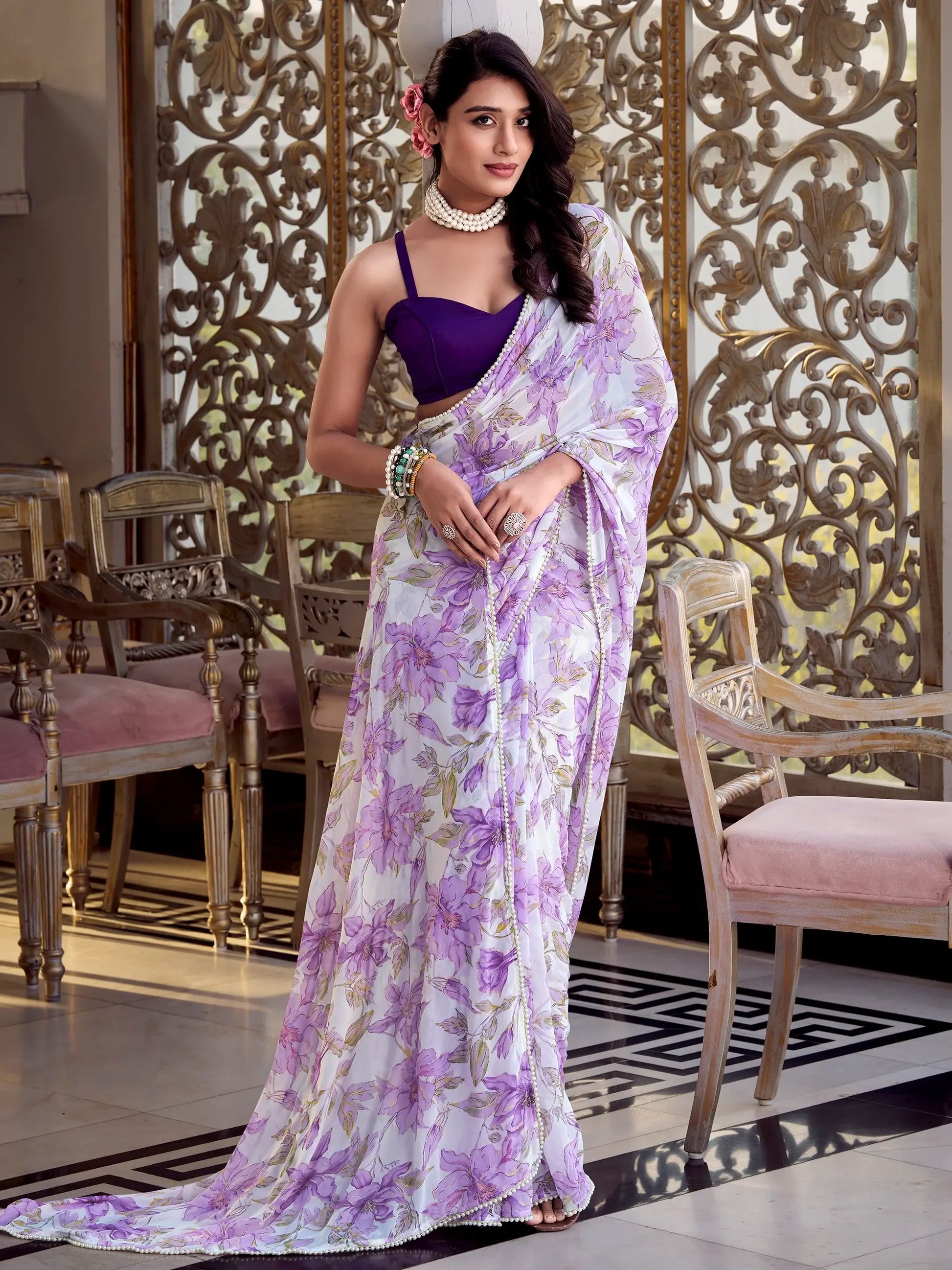 Outstanding Lavender Floral Printed Chiffon Event Wear Saree With Blouse - Zeel Clothing