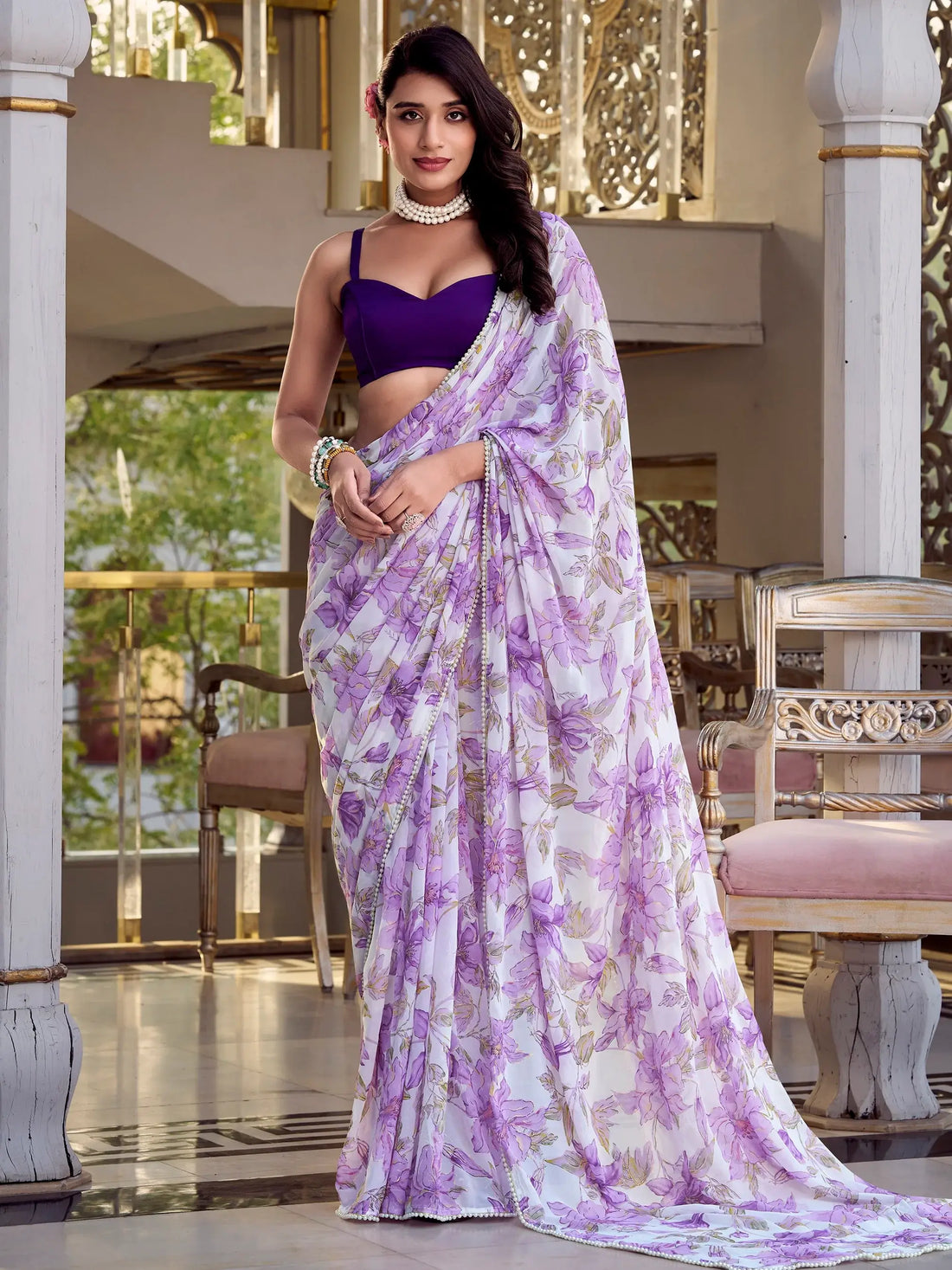 Outstanding Lavender Floral Printed Chiffon Event Wear Saree With Blouse - Zeel Clothing