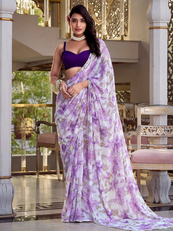 Outstanding Lavender Floral Printed Chiffon Event Wear Saree With Blouse - Zeel Clothing