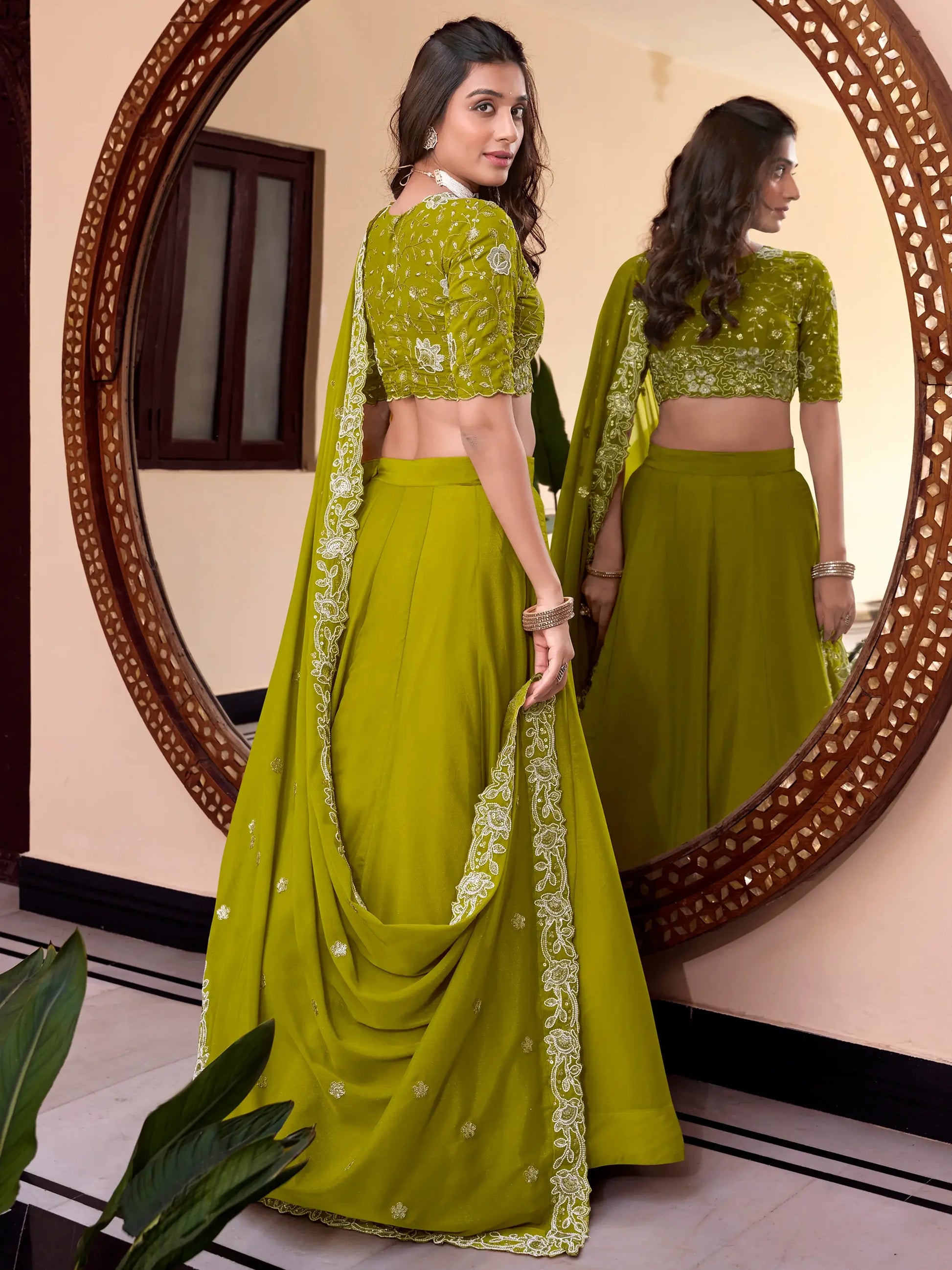 Outstanding Light Green Goergette Festival Wear Lehenga Choli With Dupatta - Zeel Clothing