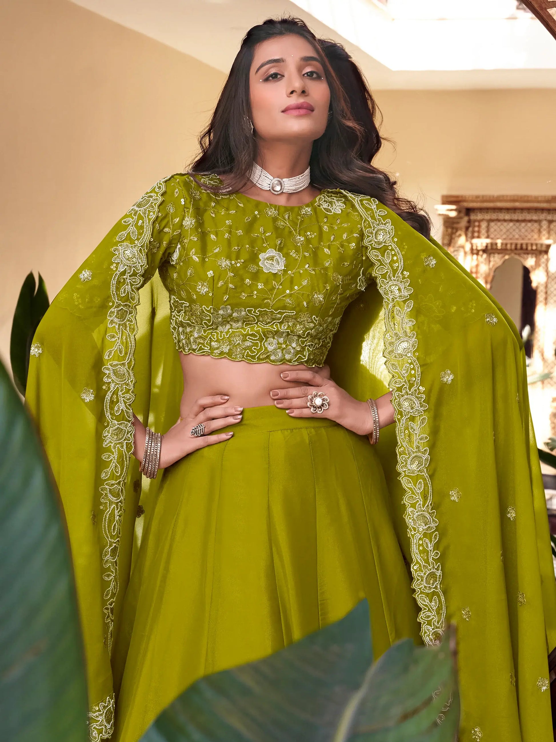 Outstanding Light Green Goergette Festival Wear Lehenga Choli With Dupatta - Zeel Clothing