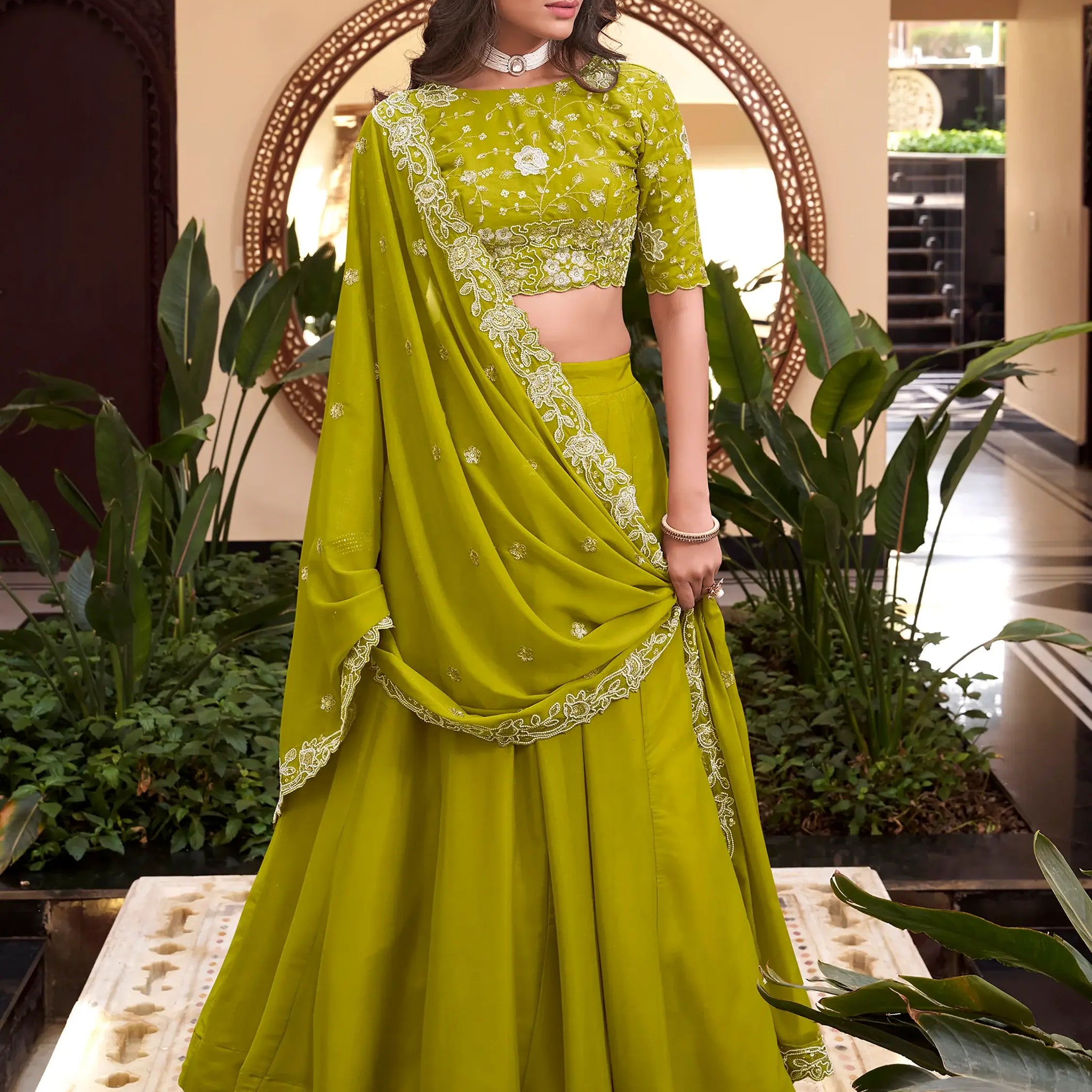 Outstanding Light Green Goergette Festival Wear Lehenga Choli With Dupatta - Zeel Clothing