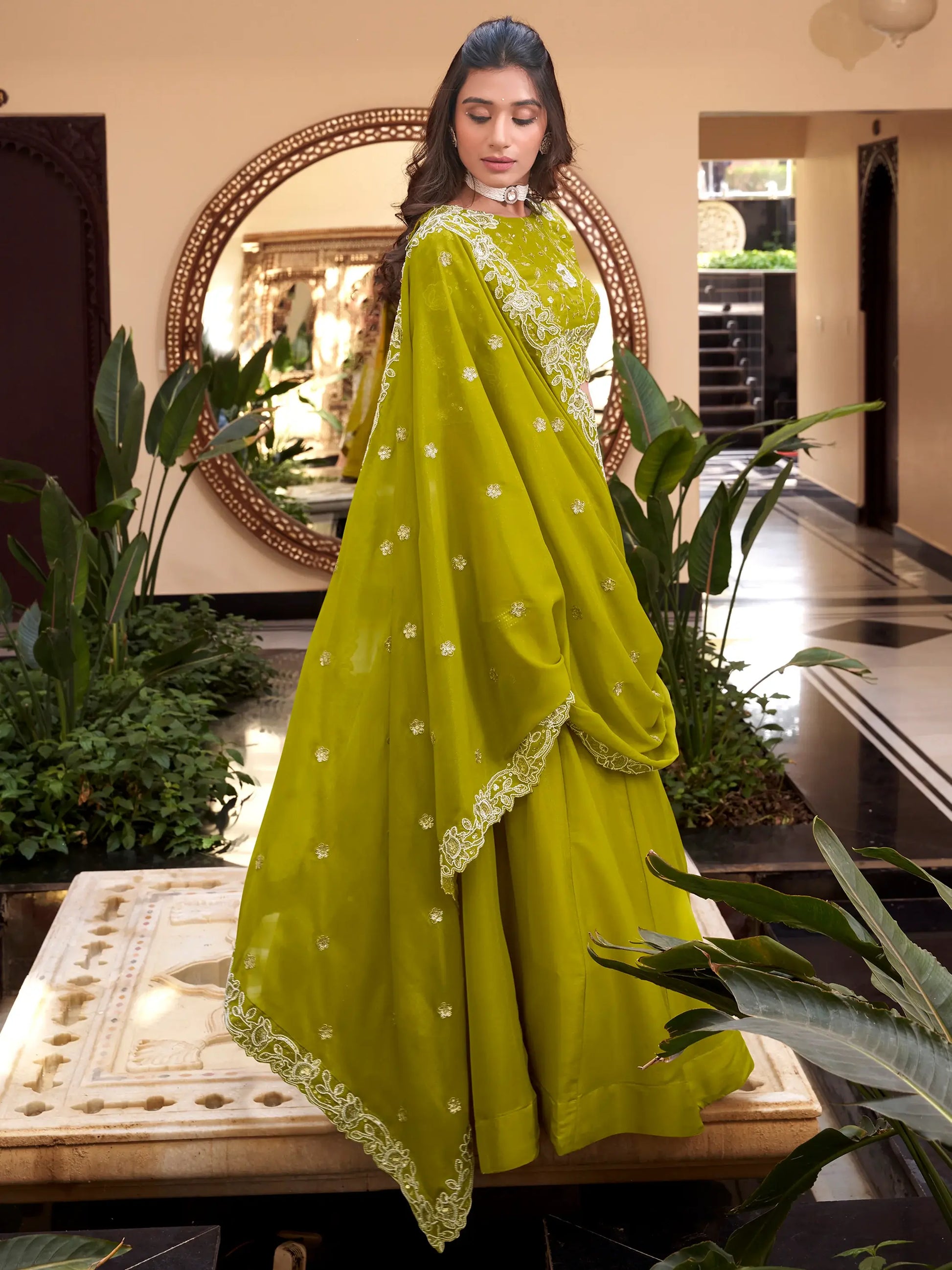 Outstanding Light Green Goergette Festival Wear Lehenga Choli With Dupatta - Zeel Clothing