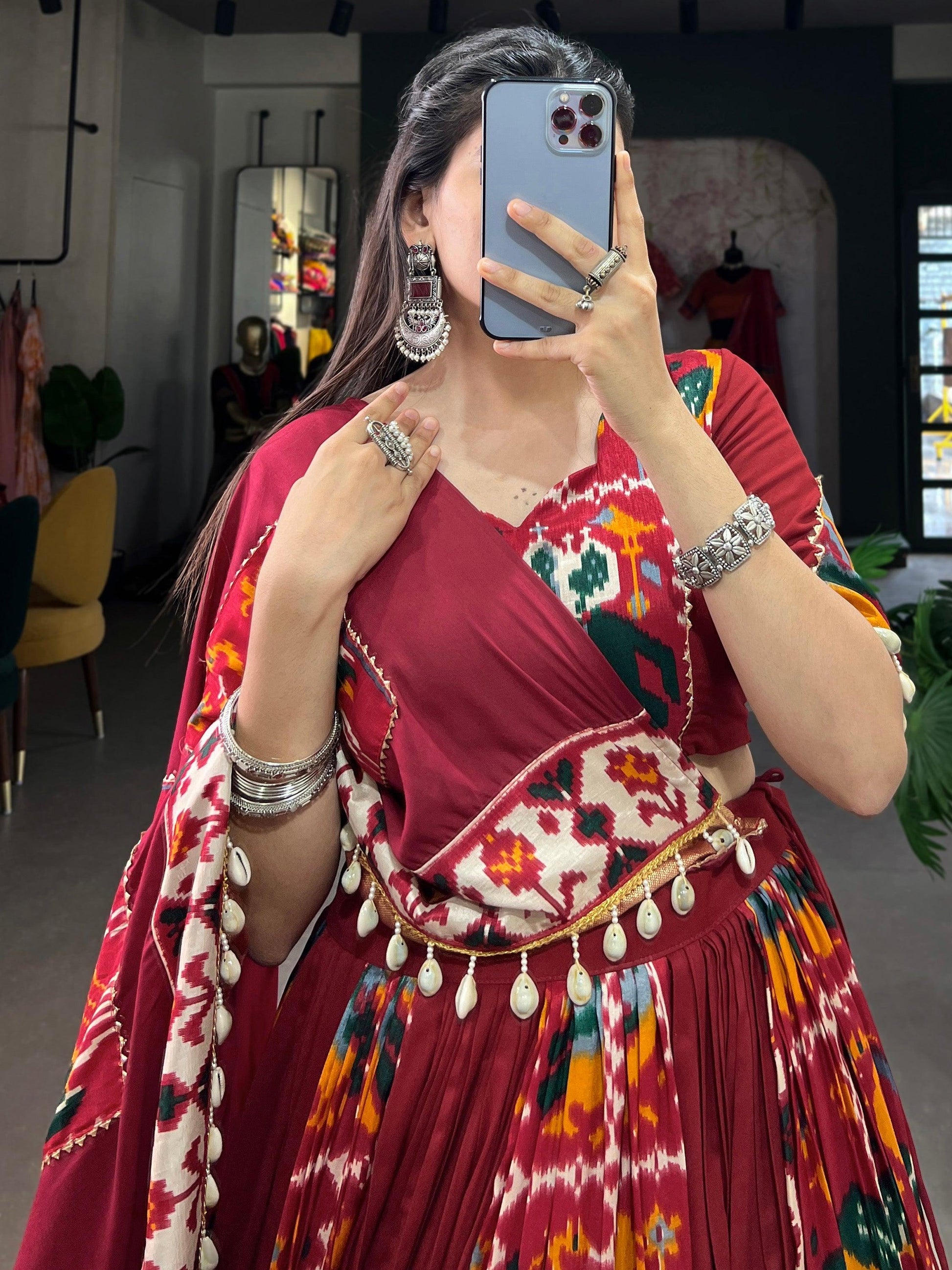 Outstanding Maroon Printed Silk Navratri Lehenga Choli With Dupatta