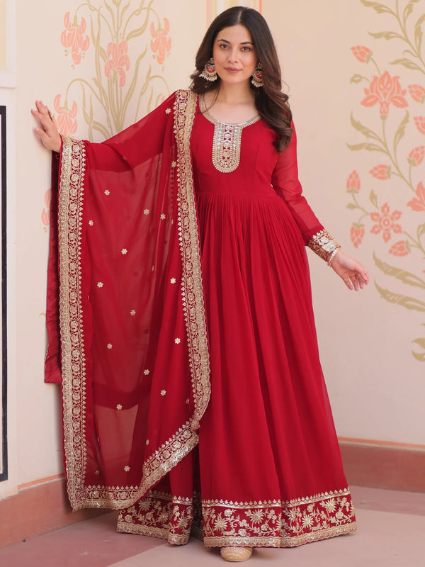 Outstanding Maroon Zari Embroidery Georgette Wedding Wear Gown - Zeel Clothing