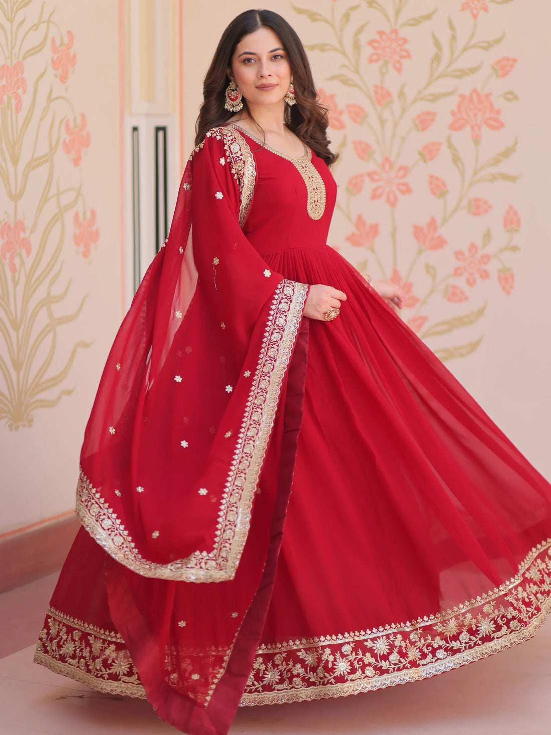 Outstanding Maroon Zari Embroidery Georgette Wedding Wear Gown - Zeel Clothing