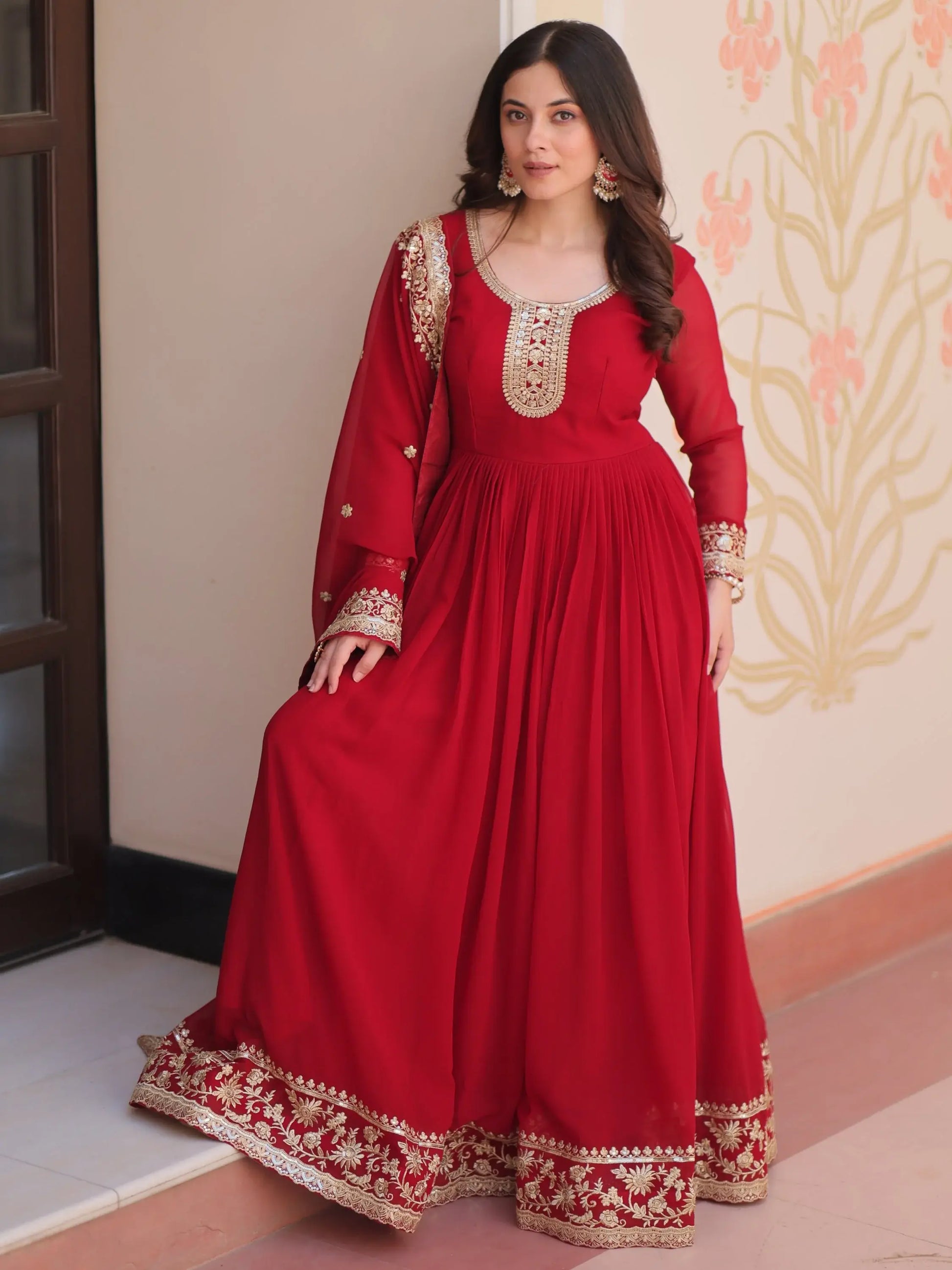 Outstanding Maroon Zari Embroidery Georgette Wedding Wear Gown - Zeel Clothing