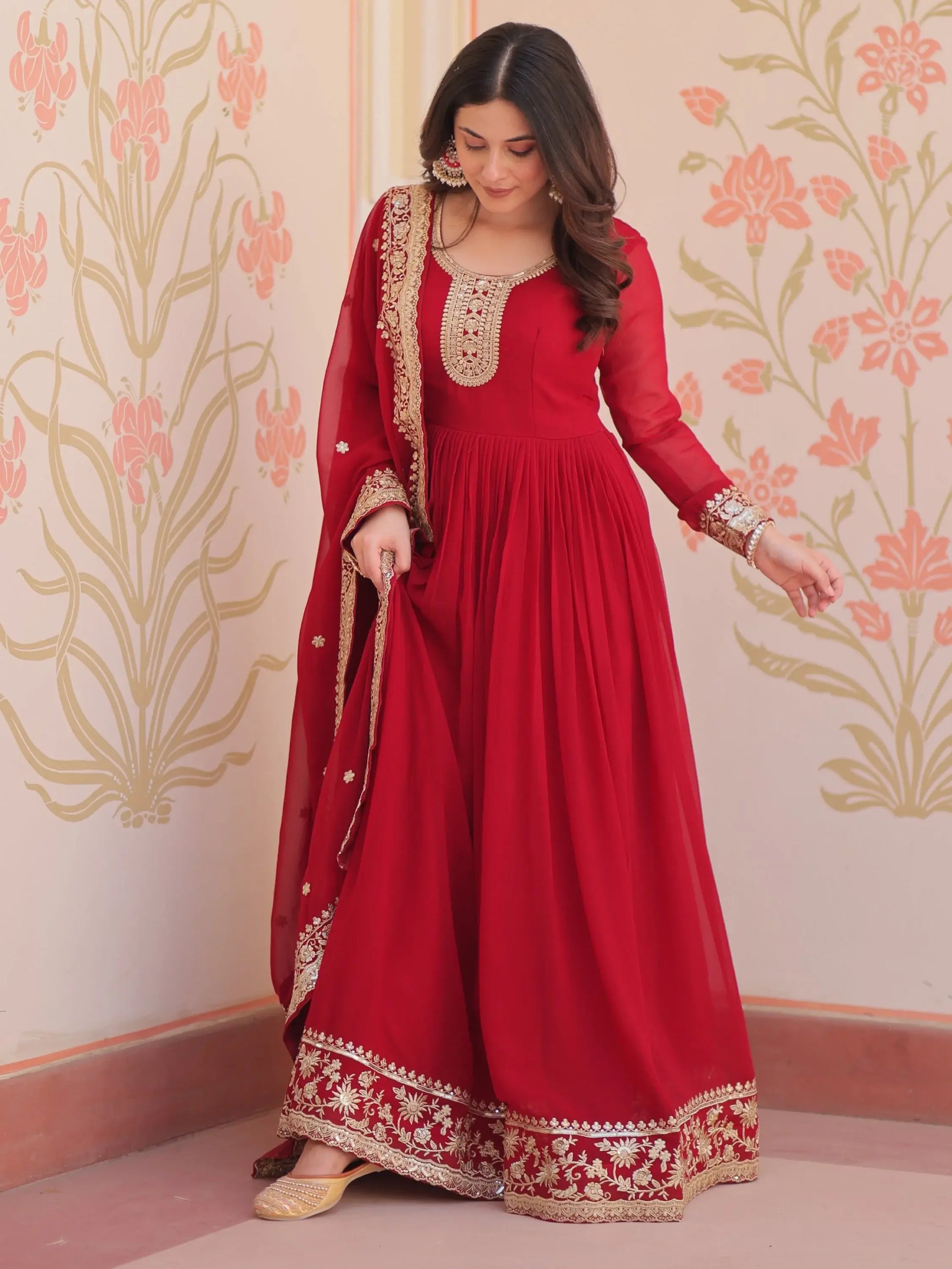 Outstanding Maroon Zari Embroidery Georgette Wedding Wear Gown - Zeel Clothing