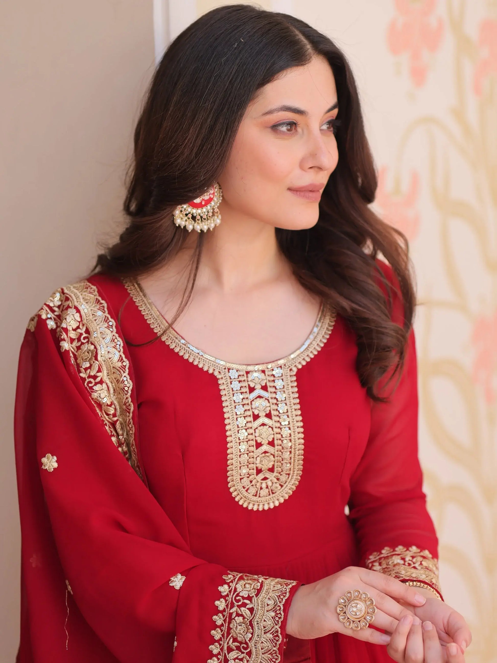 Outstanding Maroon Zari Embroidery Georgette Wedding Wear Gown - Zeel Clothing