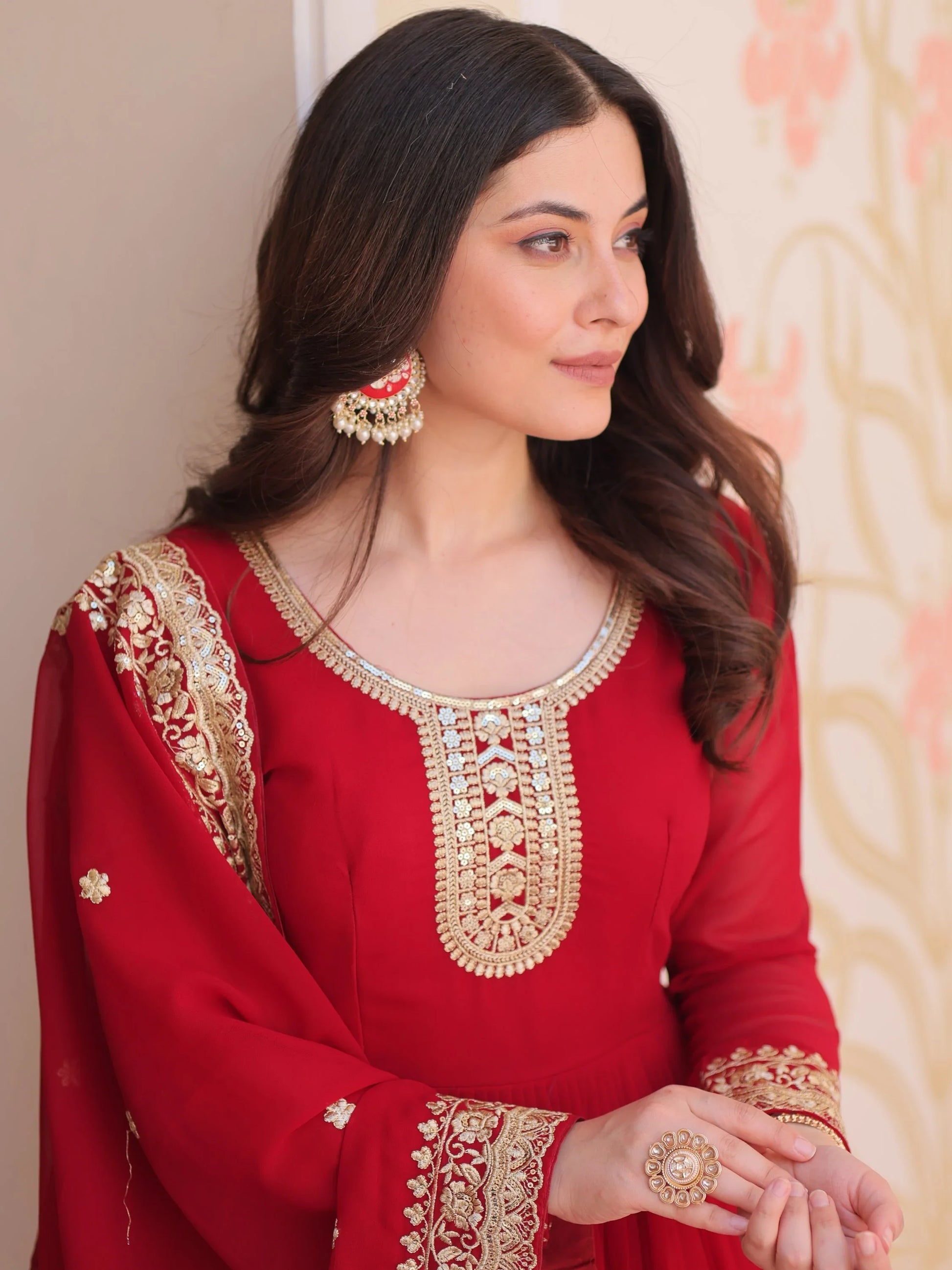 Outstanding Maroon Zari Embroidery Georgette Wedding Wear Gown - Zeel Clothing