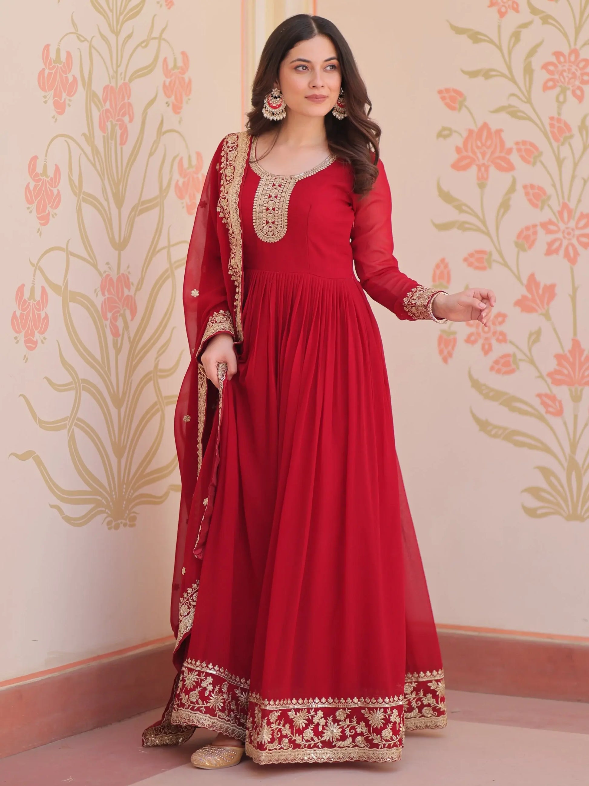 Outstanding Maroon Zari Embroidery Georgette Wedding Wear Gown - Zeel Clothing