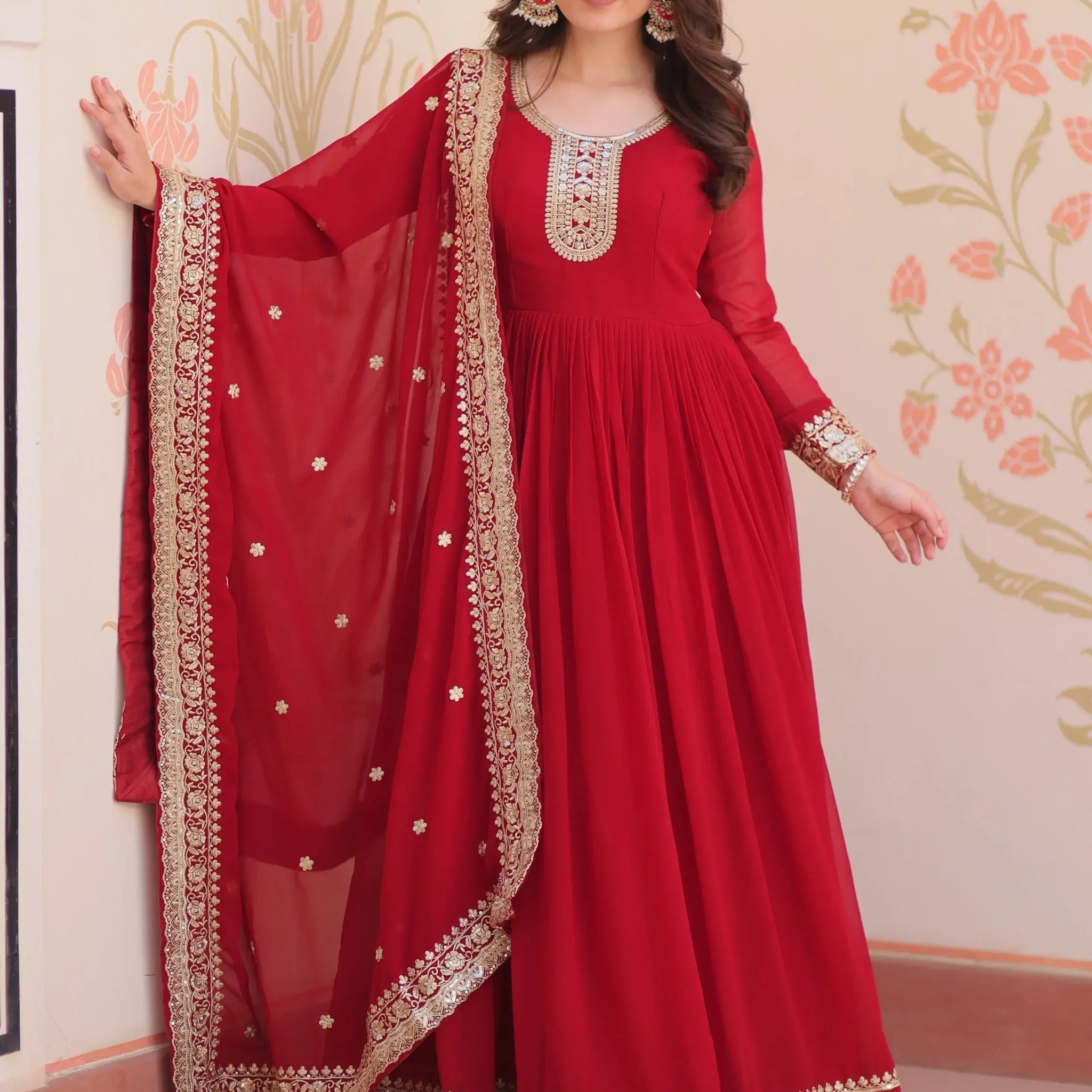 Outstanding Maroon Zari Embroidery Georgette Wedding Wear Gown - Zeel Clothing