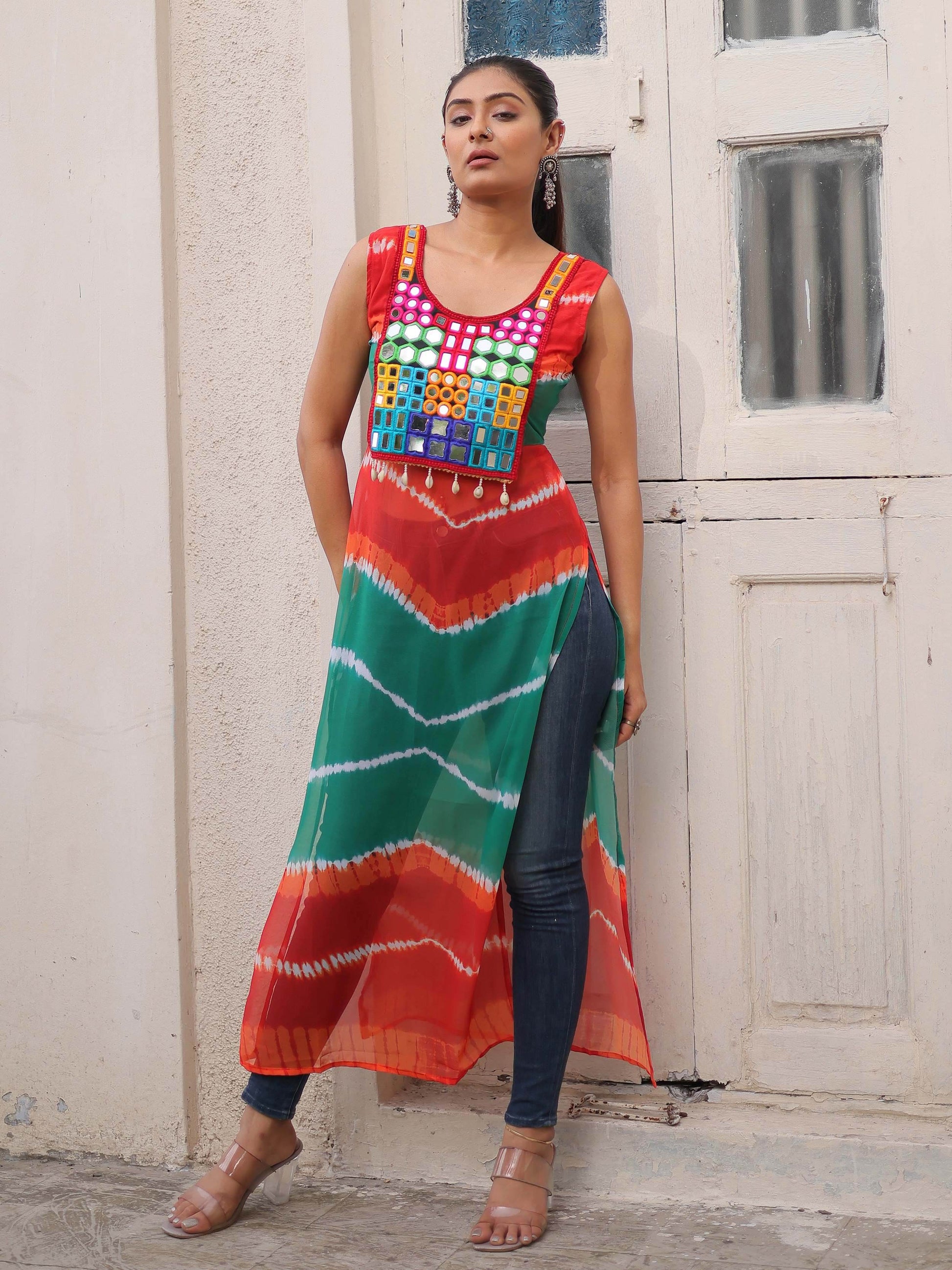 Outstanding Multi-Color Bandhej Print Georgette Traditional Long Kurti - Zeel Clothing