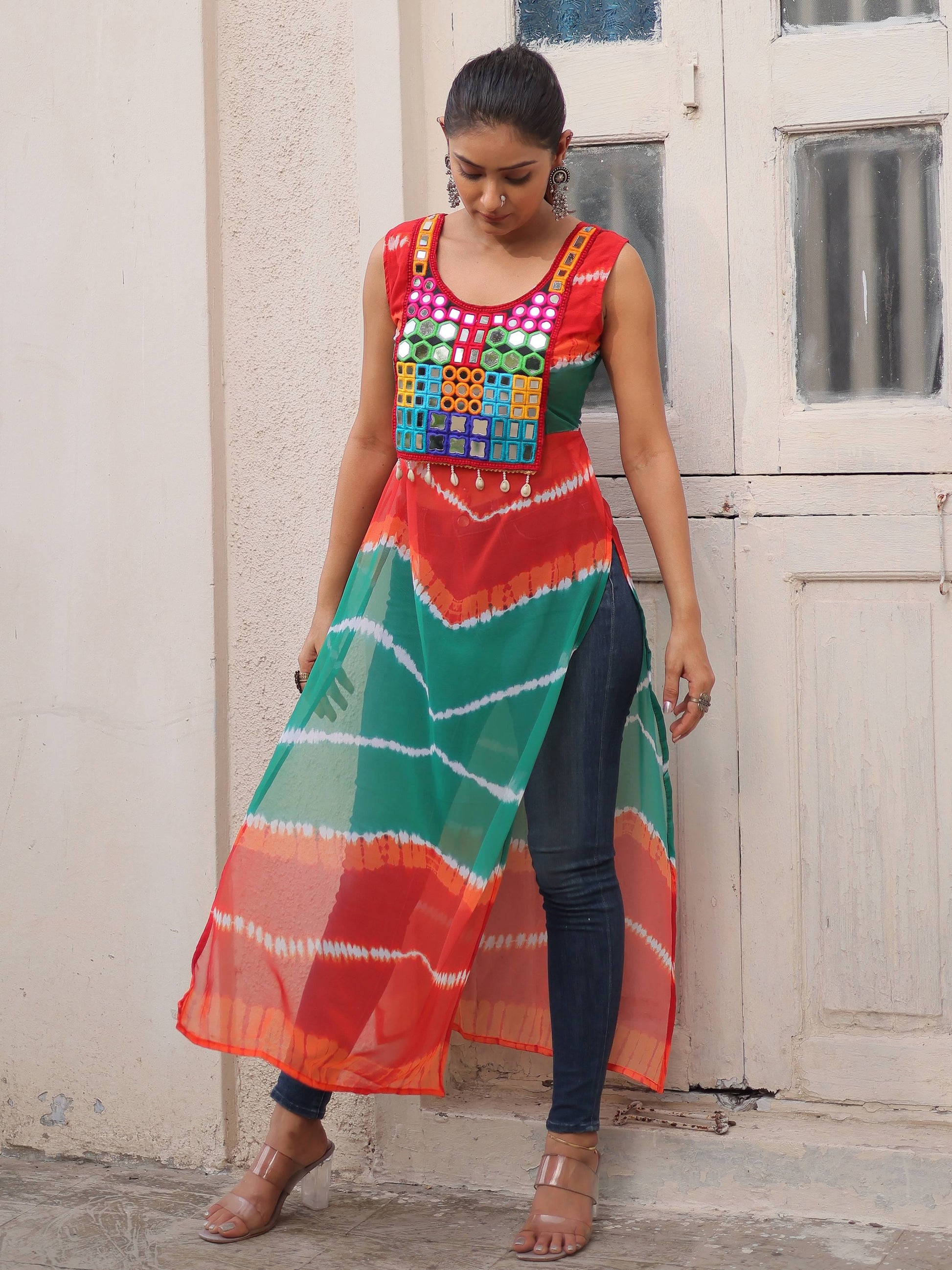 Outstanding Multi-Color Bandhej Print Georgette Traditional Long Kurti - Zeel Clothing