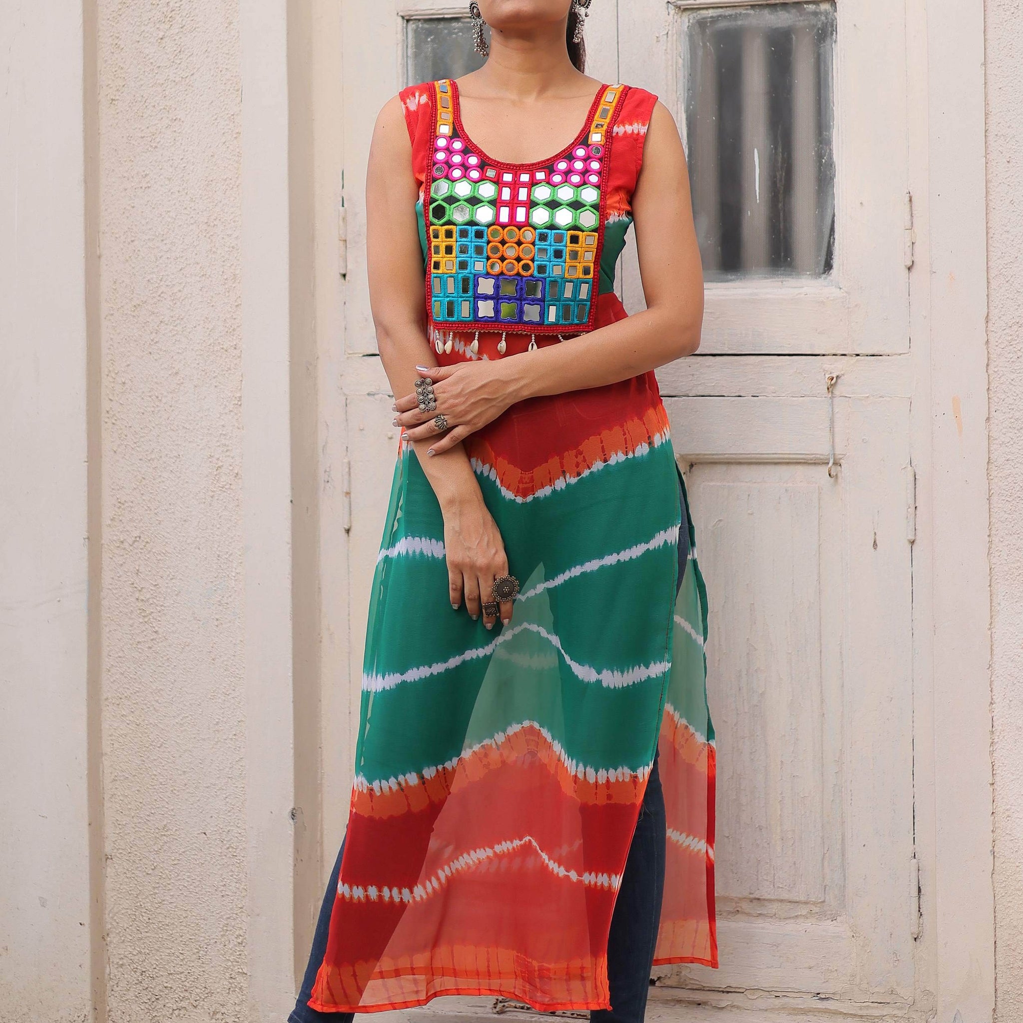 Outstanding Multi-Color Bandhej Print Georgette Traditional Long Kurti - Zeel Clothing
