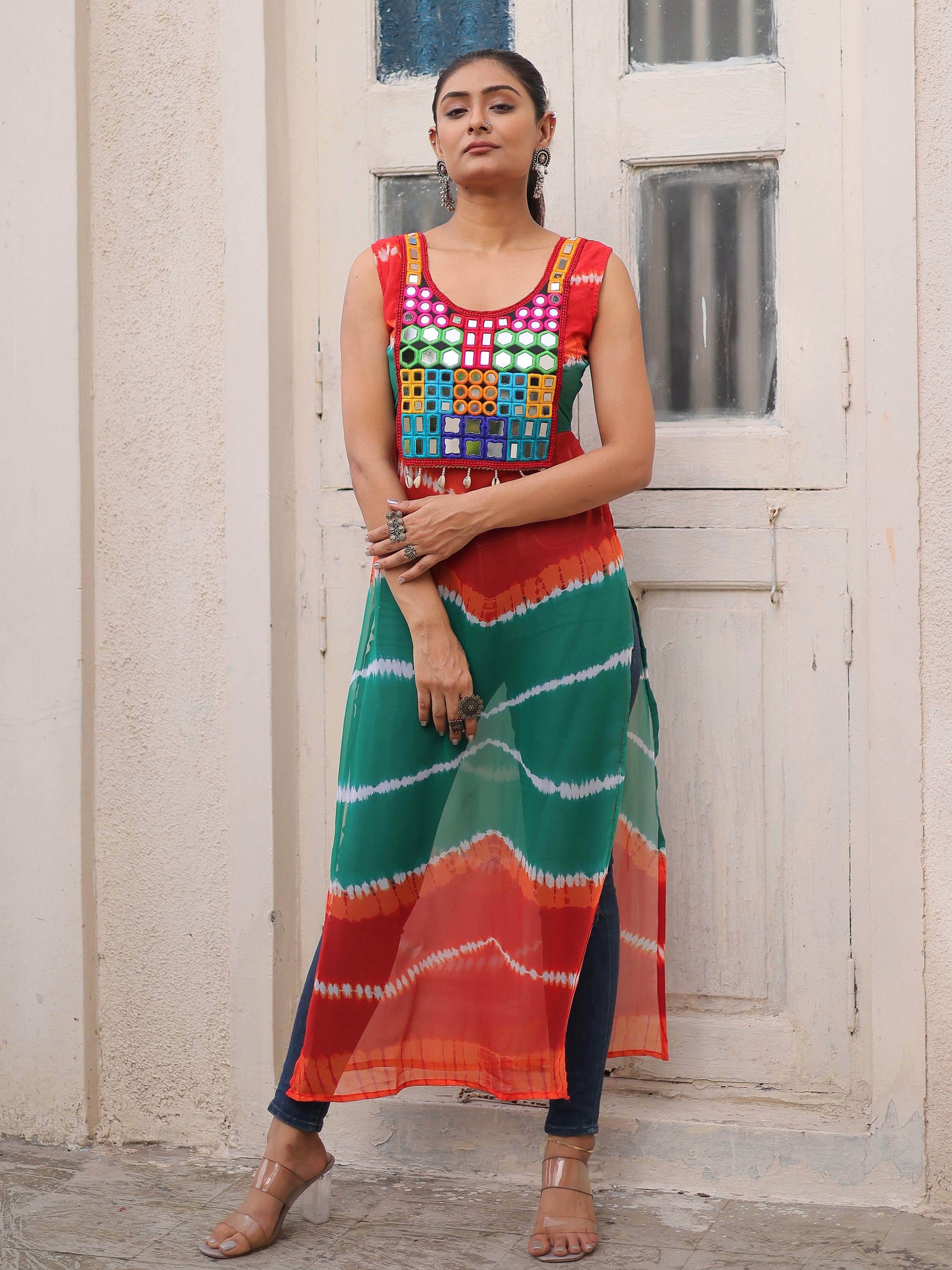 Outstanding Multi-Color Bandhej Print Georgette Traditional Long Kurti - Zeel Clothing