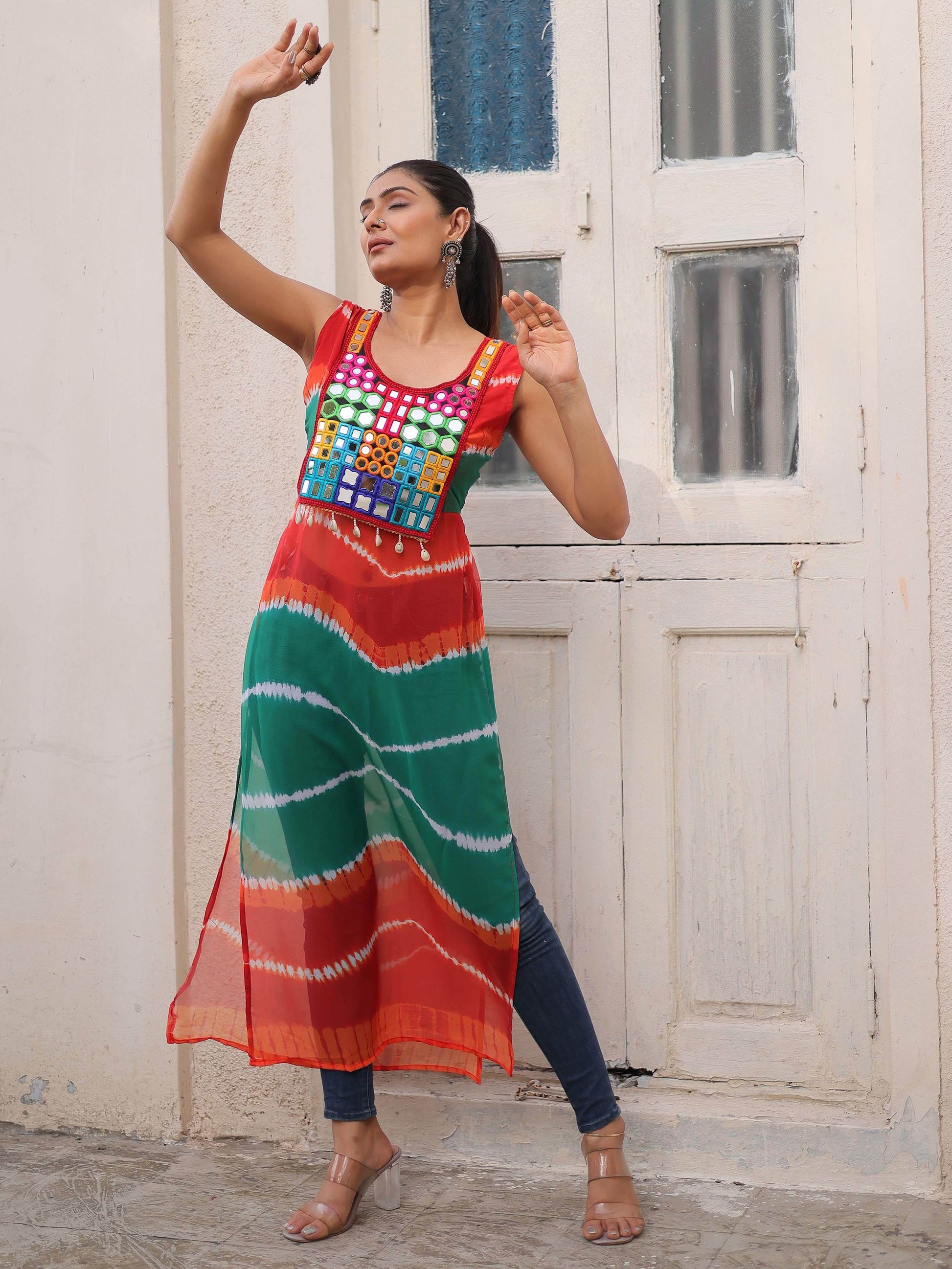 Outstanding Multi-Color Bandhej Print Georgette Traditional Long Kurti - Zeel Clothing