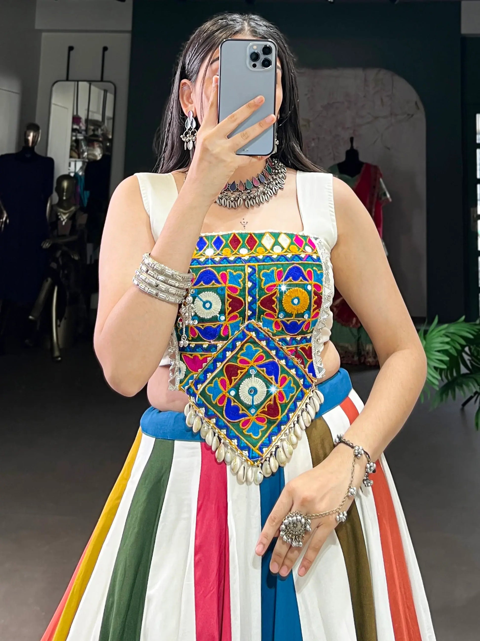 Outstanding Multicolor Gamthi Work Rayon Navratri Wear Crop Top Lehenga - Zeel Clothing