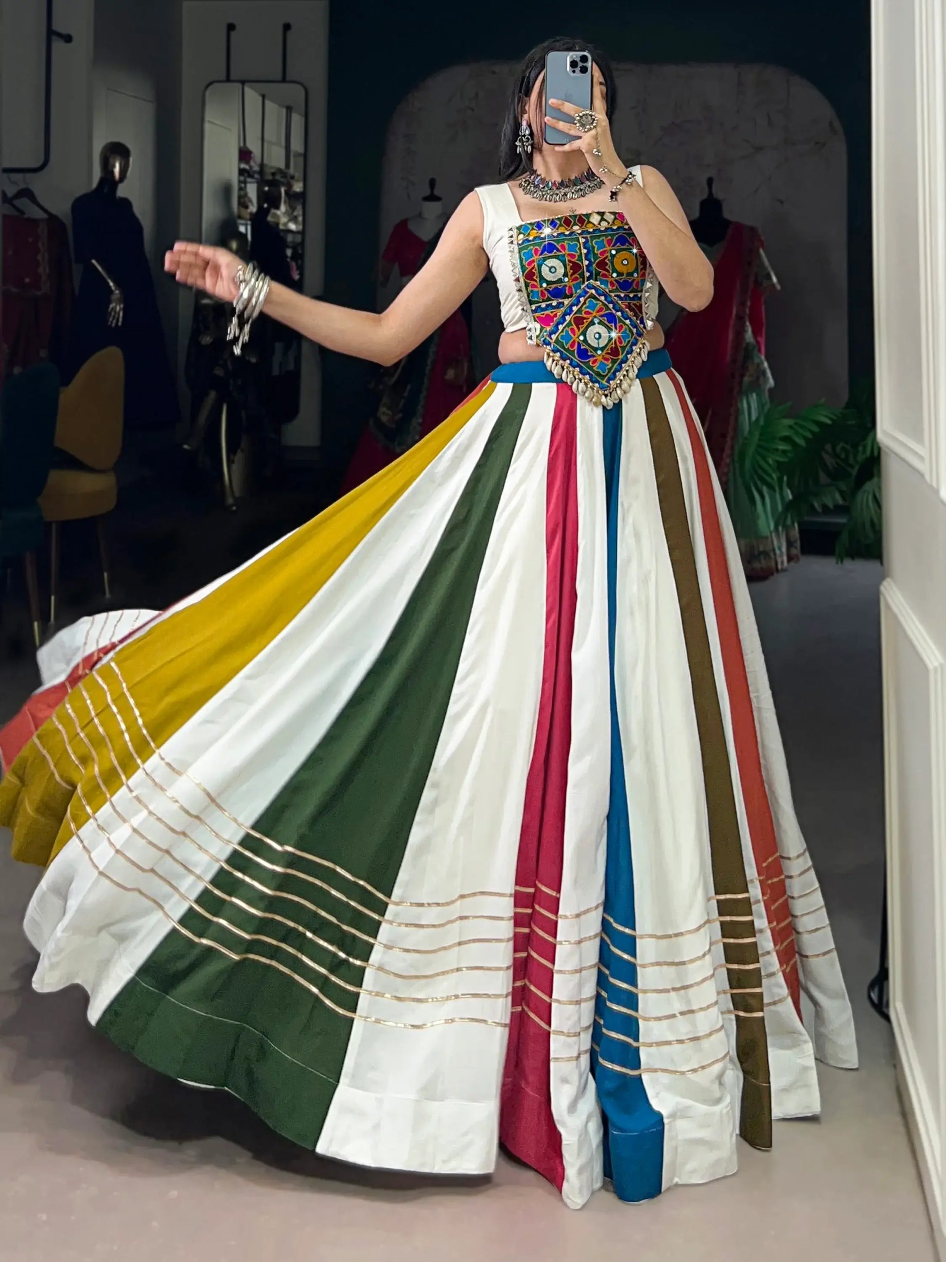 Outstanding Multicolor Gamthi Work Rayon Navratri Wear Crop Top Lehenga - Zeel Clothing