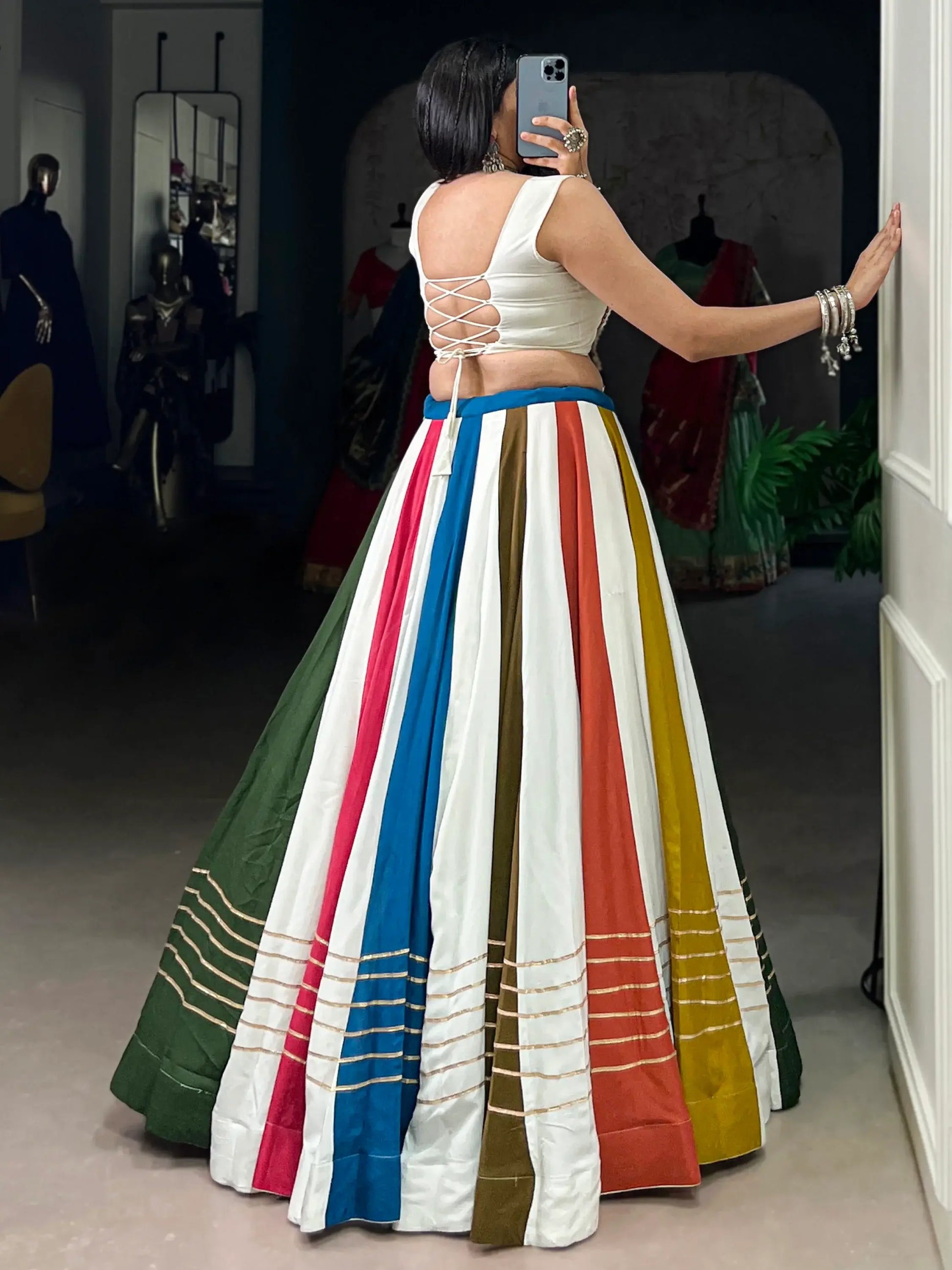 Outstanding Multicolor Gamthi Work Rayon Navratri Wear Crop Top Lehenga - Zeel Clothing