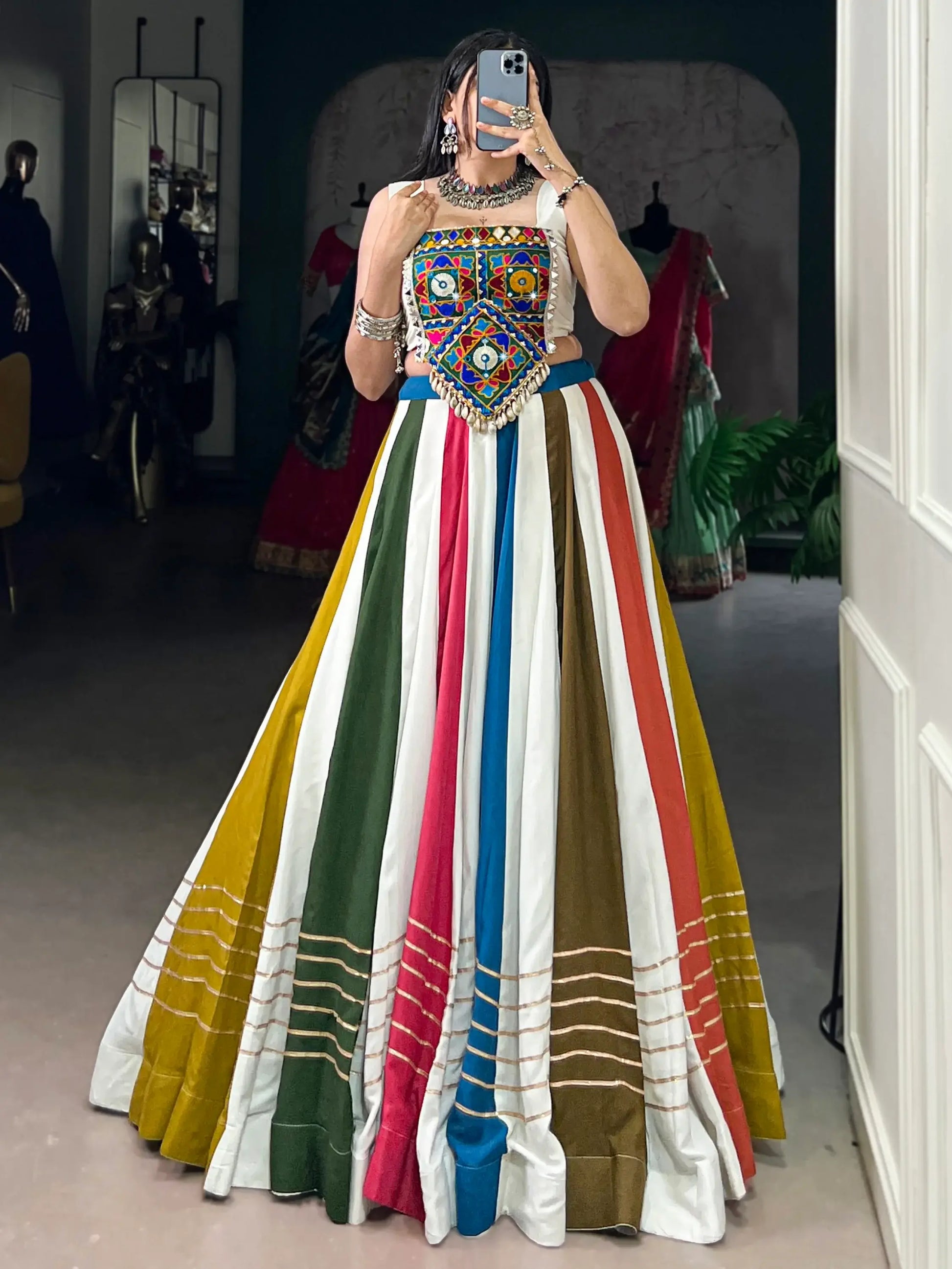 Outstanding Multicolor Gamthi Work Rayon Navratri Wear Crop Top Lehenga - Zeel Clothing