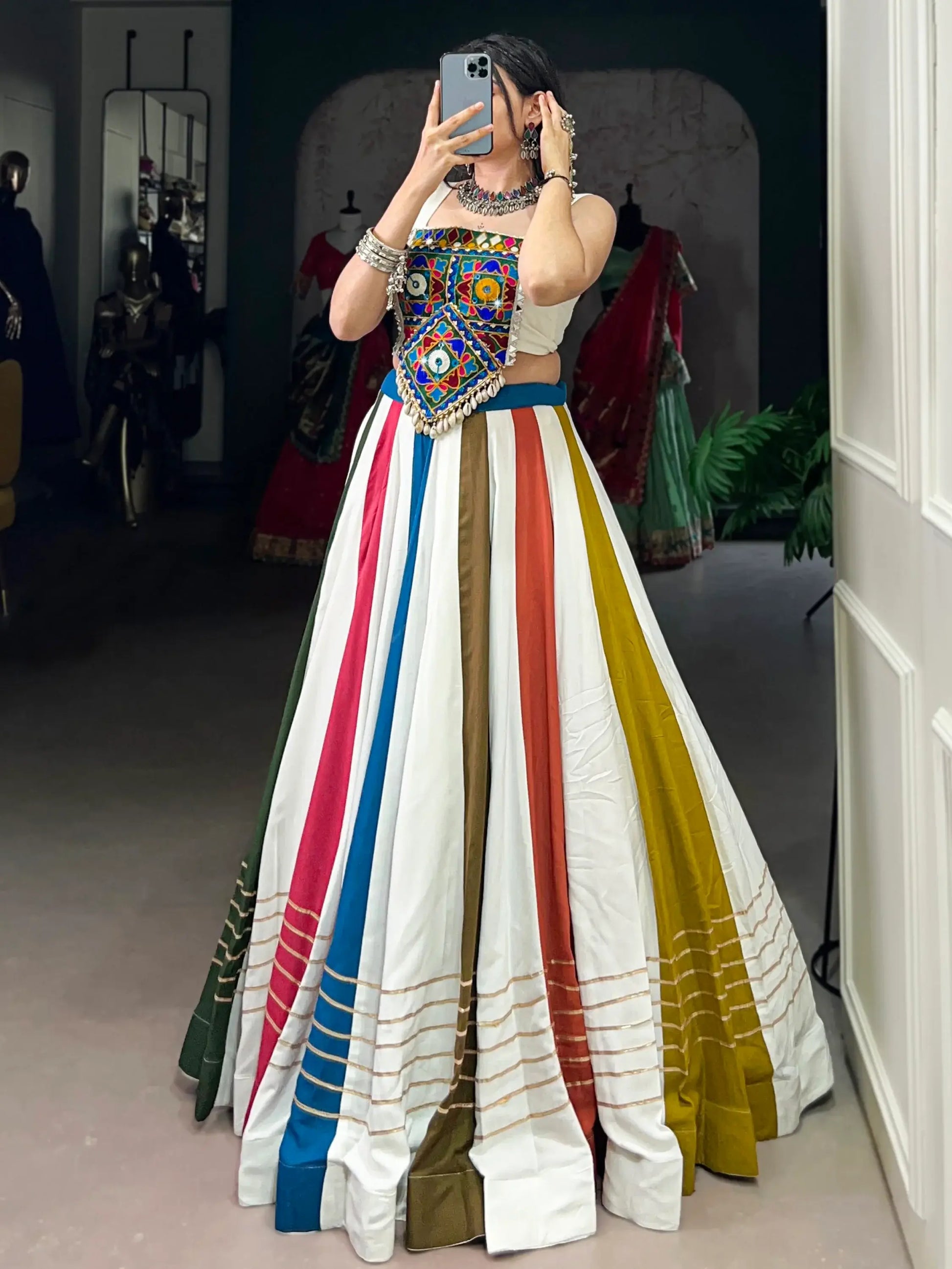 Outstanding Multicolor Gamthi Work Rayon Navratri Wear Crop Top Lehenga - Zeel Clothing