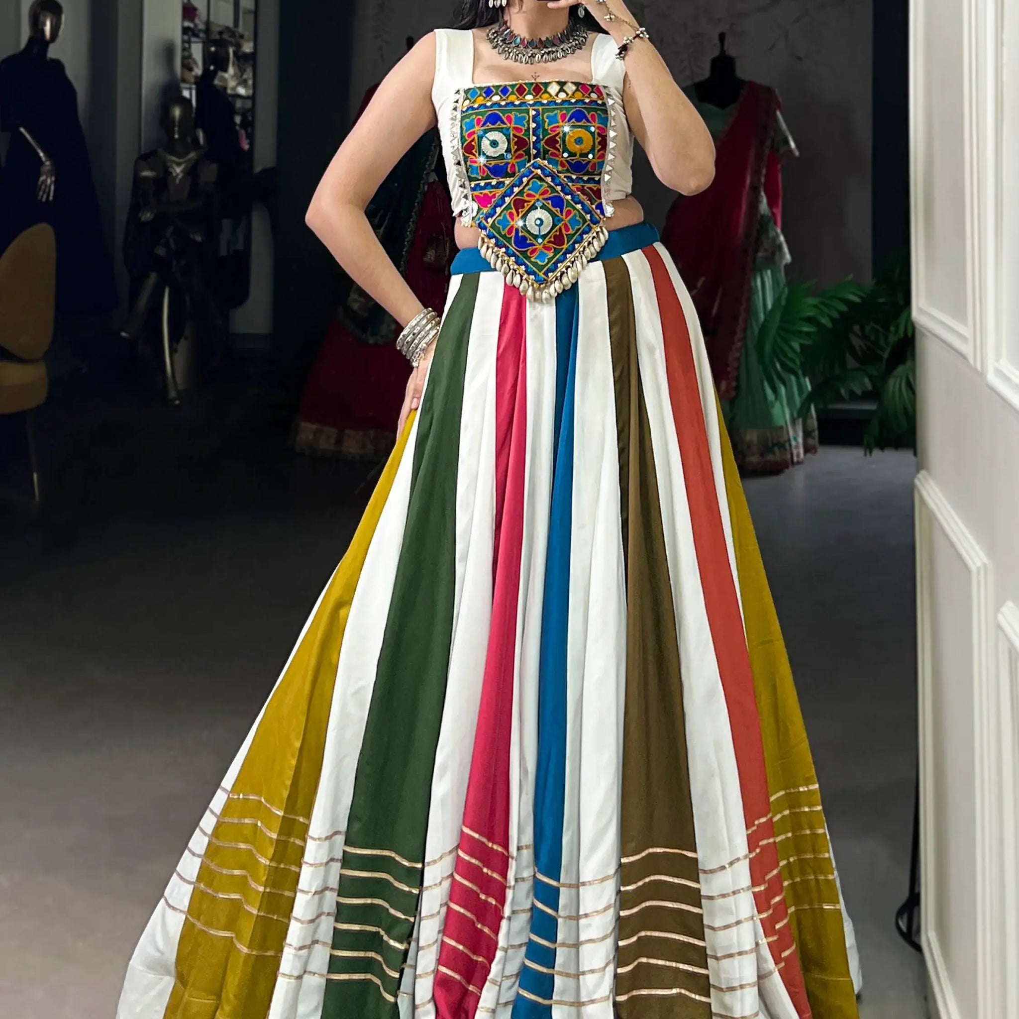 Outstanding Multicolor Gamthi Work Rayon Navratri Wear Crop Top Lehenga - Zeel Clothing
