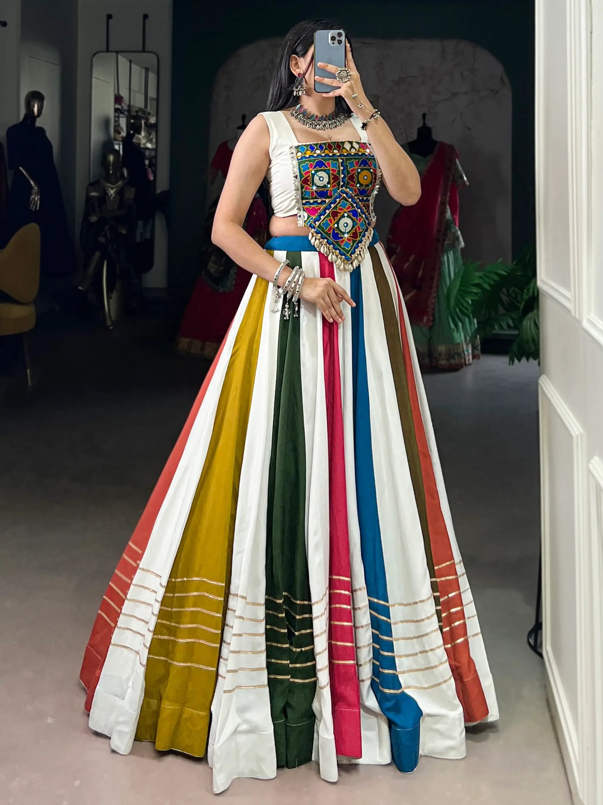 Outstanding Multicolor Gamthi Work Rayon Navratri Wear Crop Top Lehenga - Zeel Clothing